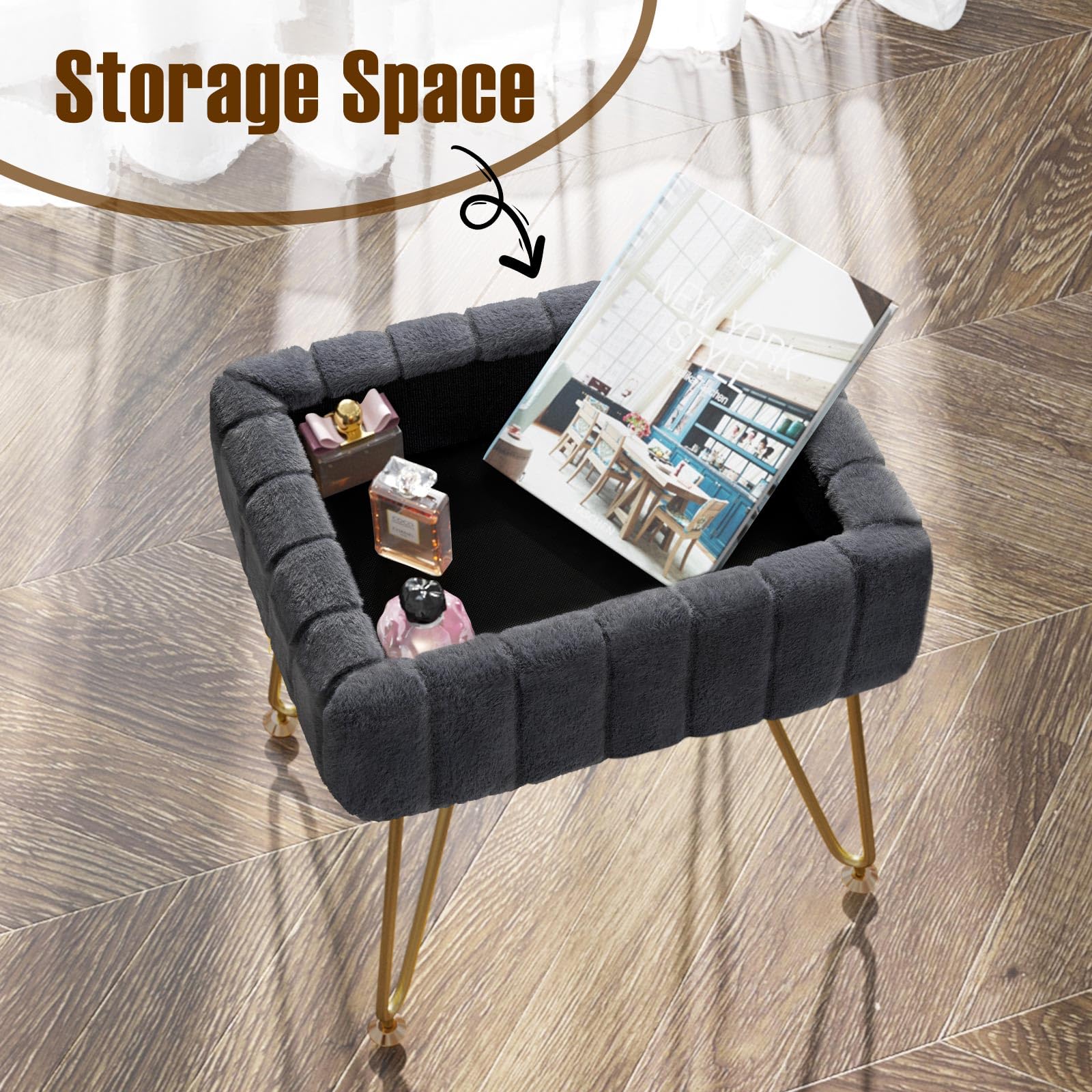 Greenstell Vanity Stool Chair Faux Fur with Storage, 19.4" H x 15.7" L x 11.8" W Soft Ottoman 4 Metal Legs with Anti-Slip Feet, Furry Padded Seat, Modern Multifunctional Chairs for Makeup, Bedroom