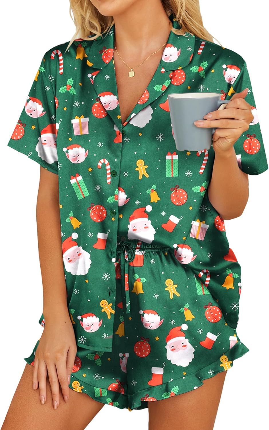 HOTOUCH Womens Satin Pajamas Set Button Down 2 Piece Silk Pjs Shorts Set Ruffle Lingerie Notch Collar Sleepwear