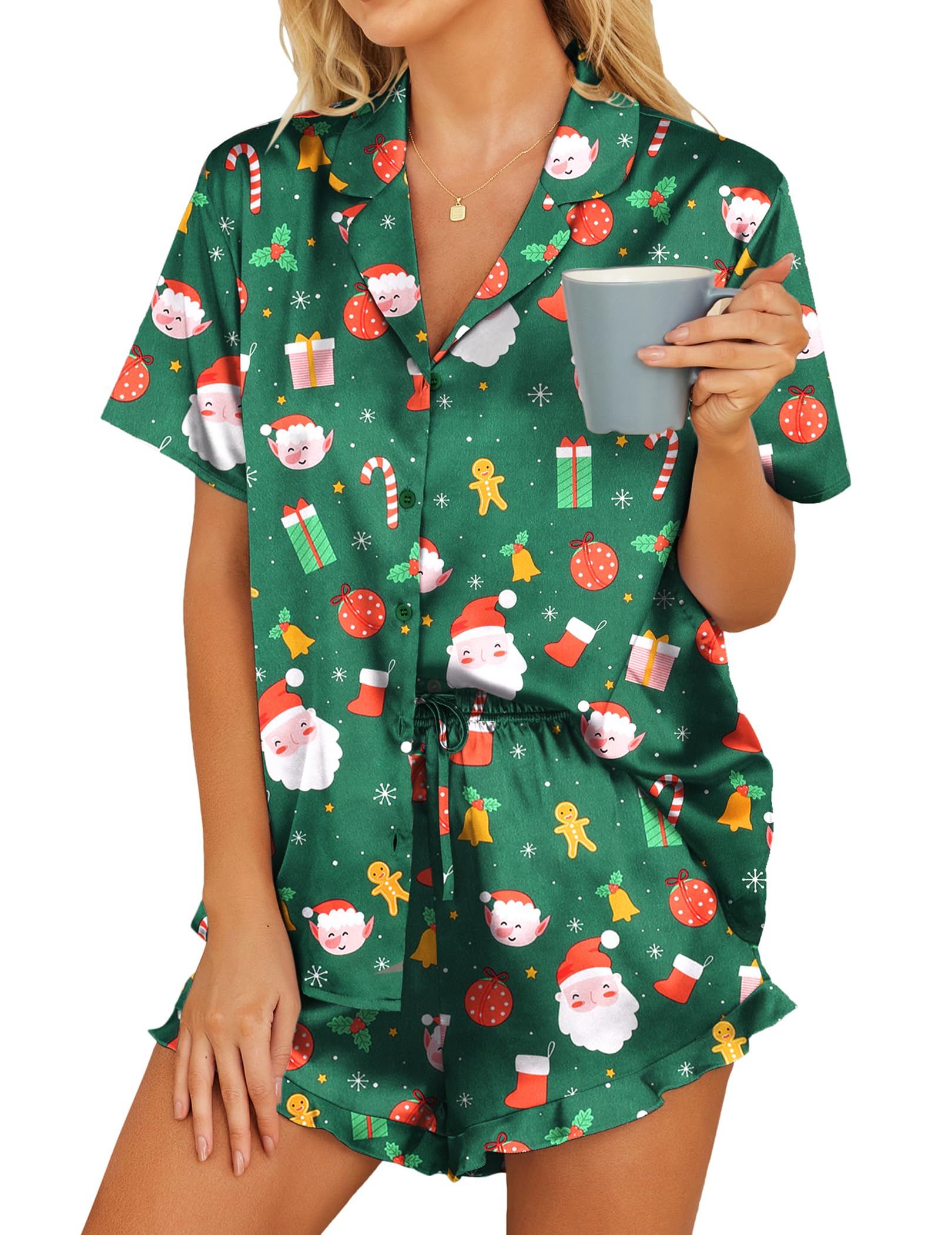 HOTOUCH Womens Satin Pajamas Set Button Down 2 Piece Silk Pjs Shorts Set Ruffle Lingerie Notch Collar Sleepwear