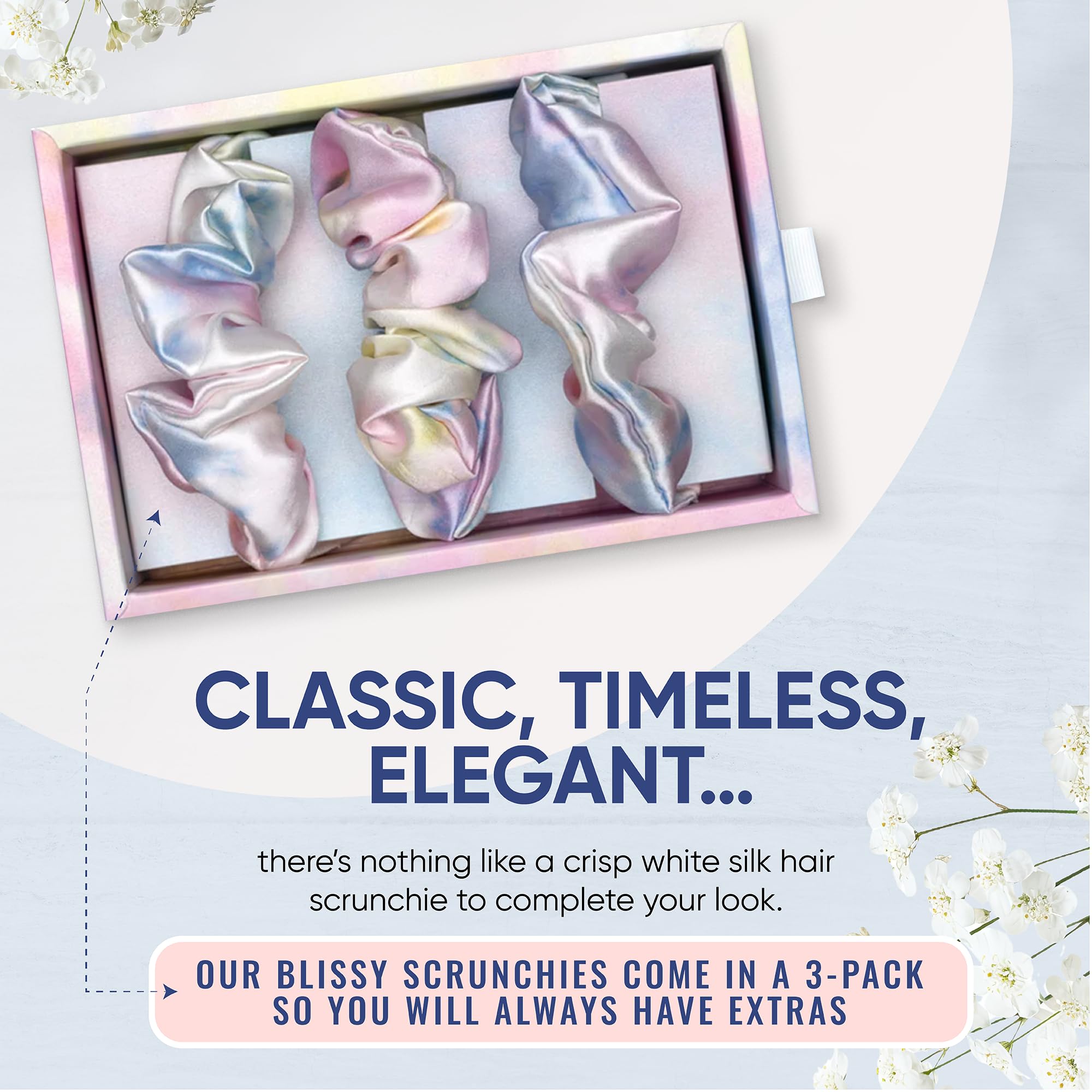 Blissy Silk Scrunchies (3 Pack) - 100% Pure Mulberry Silk - 22 Momme 6A High-Grade Fibers - Silk Scrunchie for Straight & Curly Hair - Preventing Breakage, Tangling, & Creasing (Rose Skinny)