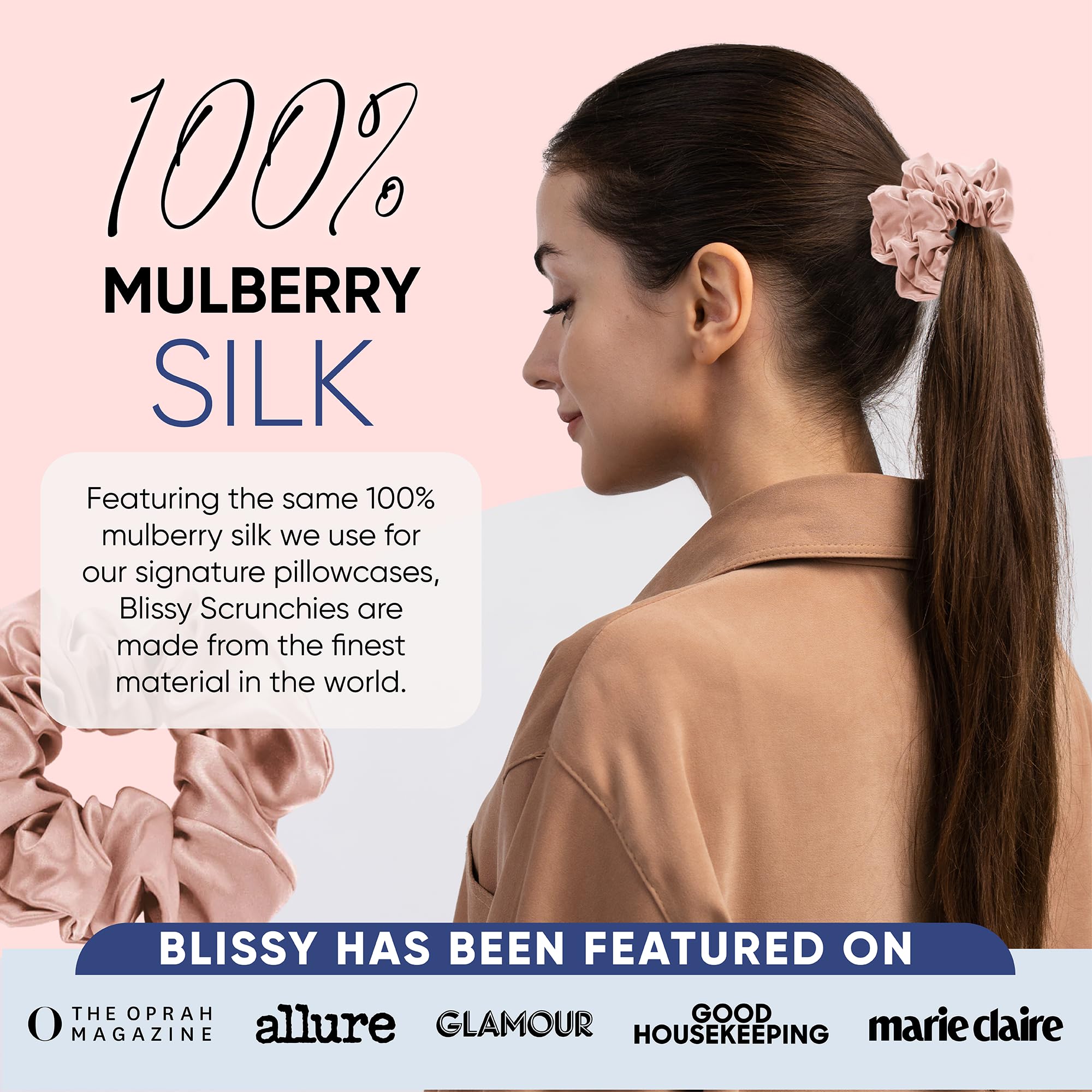 Blissy Silk Scrunchies (3 Pack) - 100% Pure Mulberry Silk - 22 Momme 6A High-Grade Fibers - Silk Scrunchie for Straight & Curly Hair - Preventing Breakage, Tangling, & Creasing (Rose Skinny)