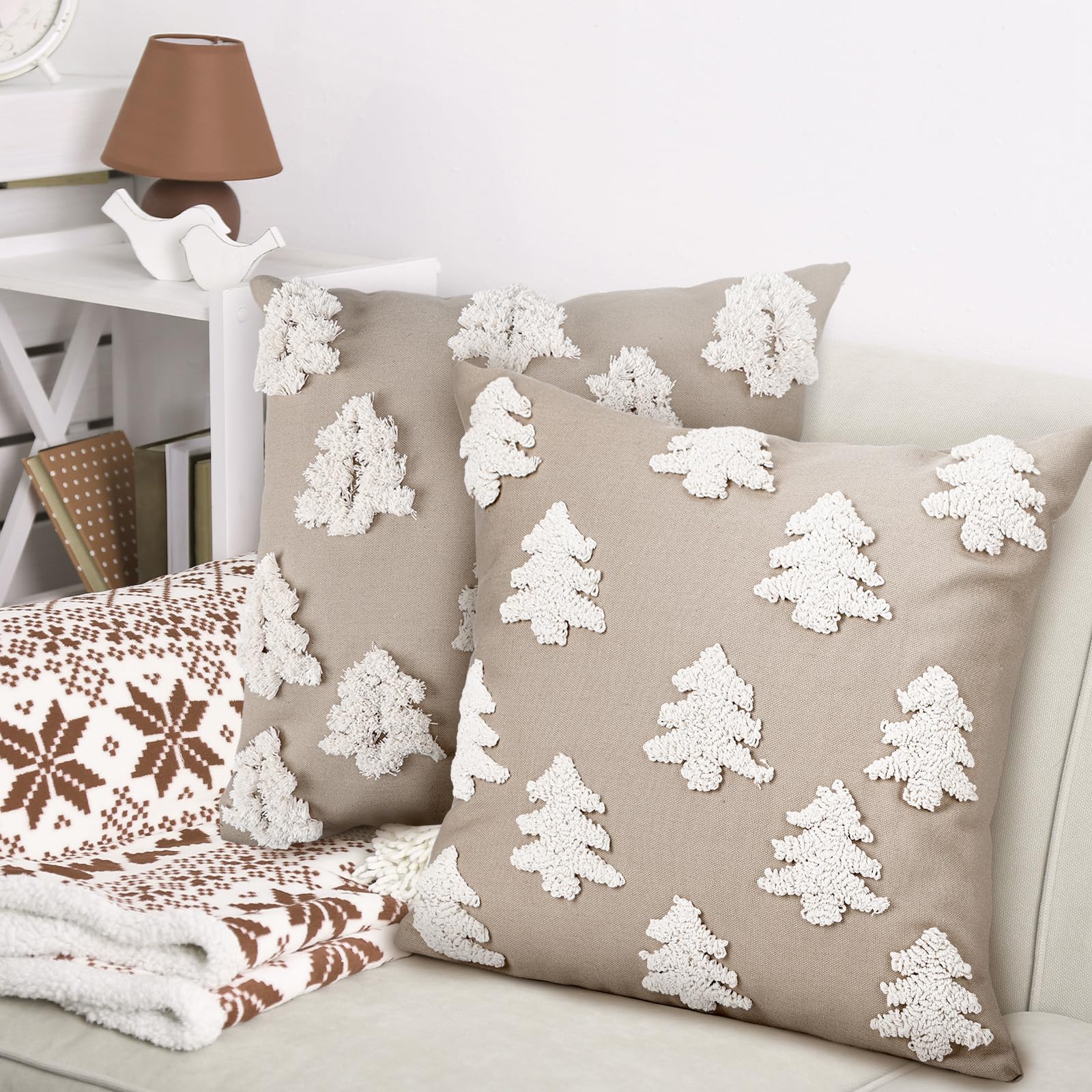 Mixweer 2 Pcs Christmas Pillow Covers 18x18 Inch Christmas Tree Pillow Covers Neutral Christmas Decor Neutral Tufted Xmas Tree Embroidery Decorative Pillow Covers for Home Living Room Bed Decor