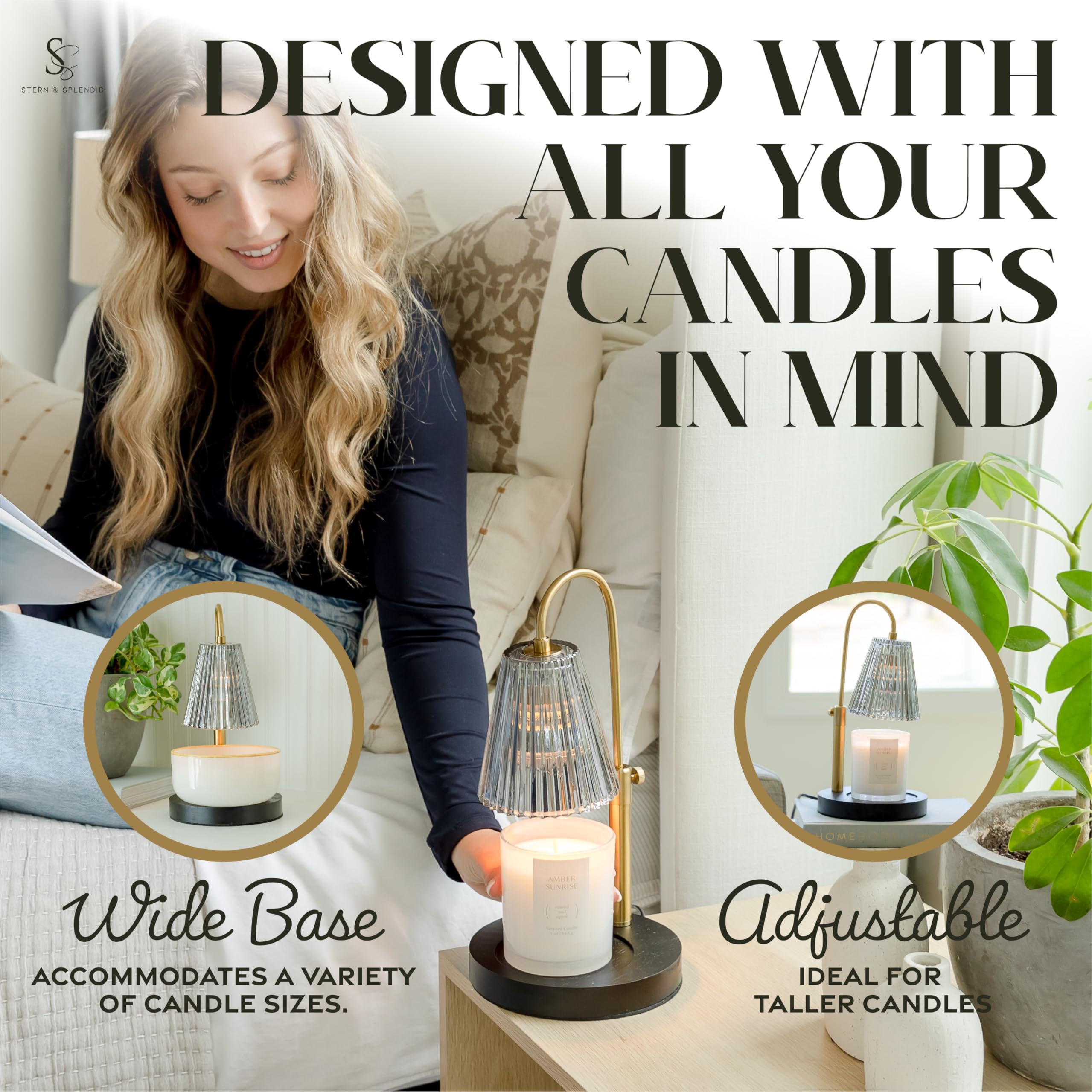 Flameless Candle Warmer Lamp for Jar Candles Large & Small – Dimmable Lamp Candle Warmer Electric with Large Marble Base & Adjustable Height – Candle Melter with Timer and 4 Halogen Light Bulbs