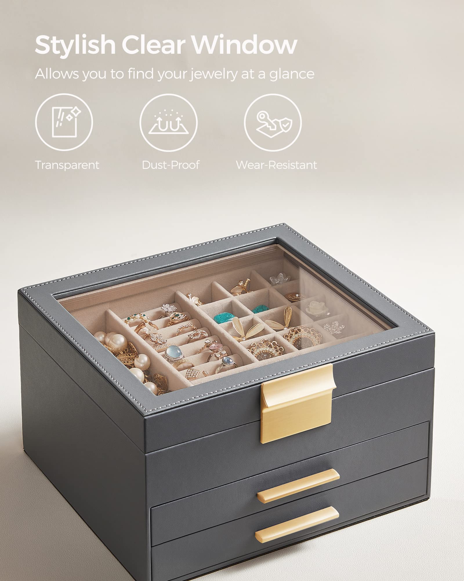 SONGMICS Jewelry Box with Glass Lid, 3-Layer Jewelry Organizer, 2 Drawers, for Big and Small Jewelry, Jewelry Storage, Modern Style, 8 x 9.1 x 5.3 Inches, Cloud White and Gold Color UJBC239WT