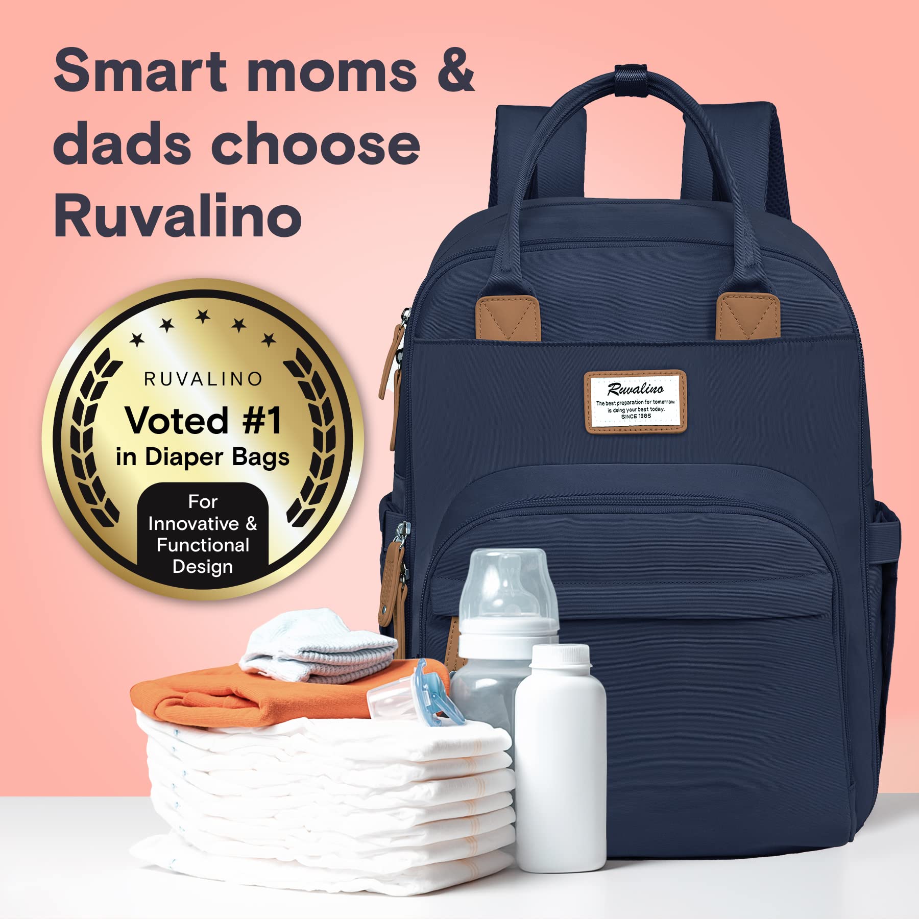 RUVALINO Diaper Bag Backpack, Multifunction Travel Pack Maternity Baby Changing Bags, Large Capacity, Waterproof, Beige