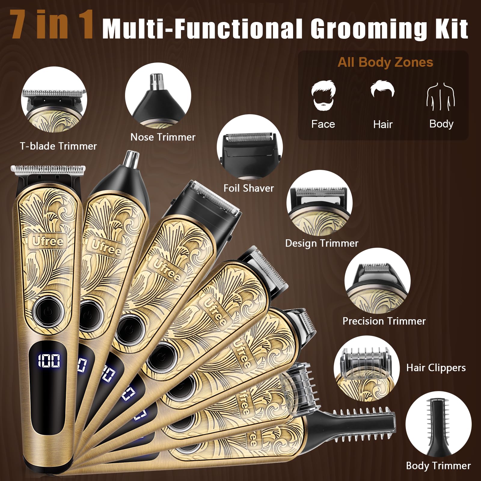 Ufree Beard Trimmer for Men, Waterproof Electric Razor for Nose, Body, Face and Mustache, Cordless Hair Clippers Shavers for Men Grooming Kit, Gifts for Men Husband Father