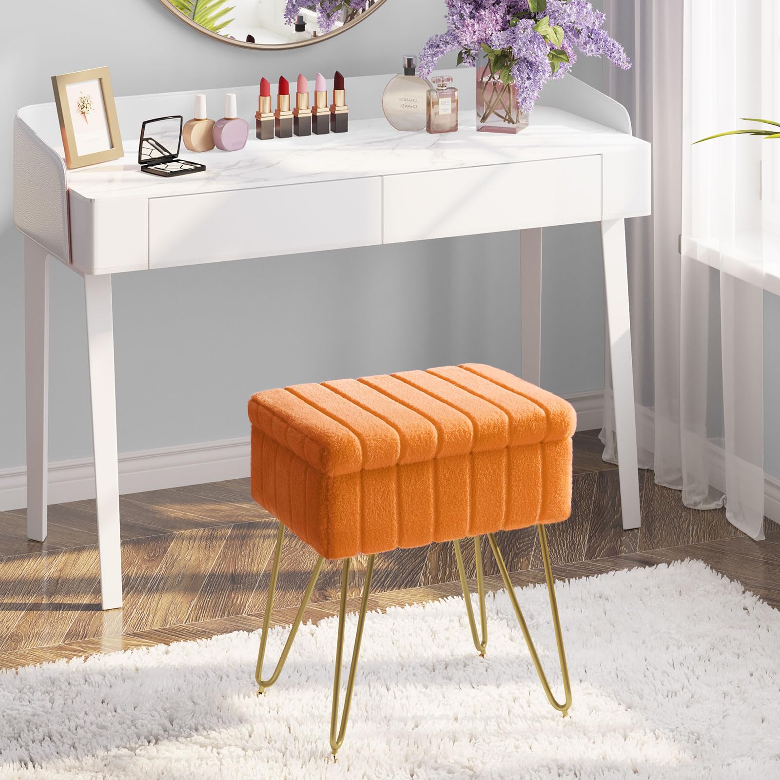 Greenstell Vanity Stool Chair Faux Fur with Storage, 19.4" H x 15.7" L x 11.8" W Soft Ottoman 4 Metal Legs with Anti-Slip Feet, Furry Padded Seat, Modern Multifunctional Chairs for Makeup, Bedroom