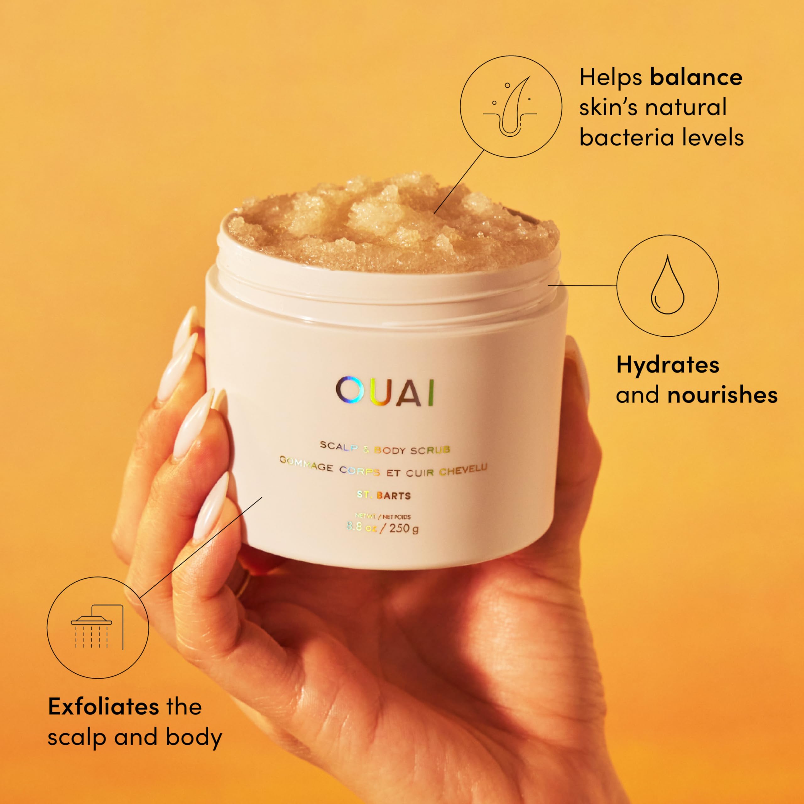 OUAI Scalp & Body Scrub, Melrose Place - Exfoliating Body Scrub with Sugar & Coconut Oil Blend for Smooth, Moisturized Skin - Gentle Scalp Scrub for Removing Product Build Up (8.8 Oz)