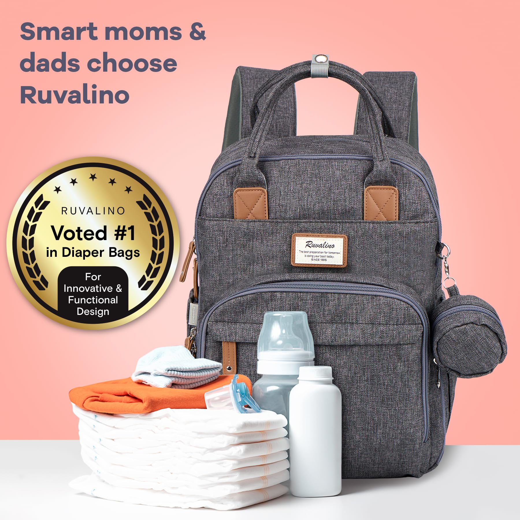 RUVALINO Diaper Bag Backpack, Multifunction Travel Pack Maternity Baby Changing Bags, Large Capacity, Waterproof, Beige