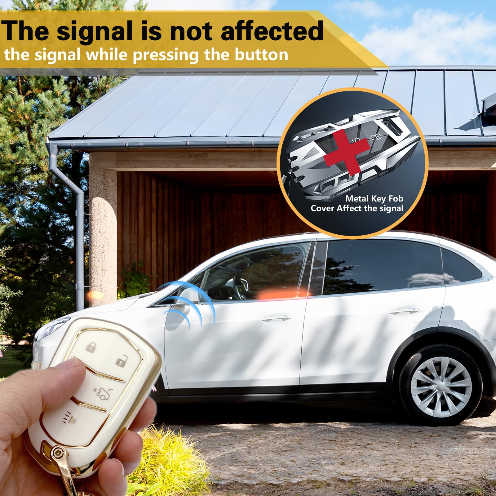 Cadillac Key Fob Cover with Metal Braided Rope Keychain, Upgraded Soft Key Case for 2015-2019 Escalade CTS SRX XT5 ATS STS CT6 (5 Button) (Gold Edge)