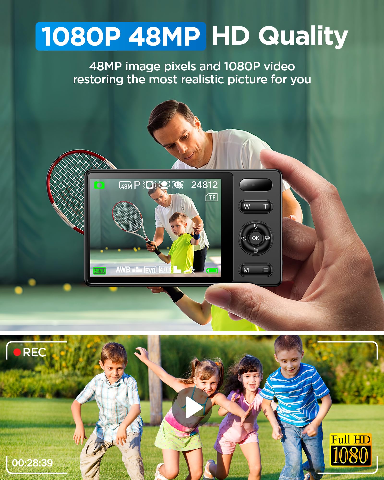 64GB Digital Camera for Kids: 48MP Anti-Shake Camera Photography Vlogging Camera for YouTube 16X Digital Zoom Photo Filtration Continuous Shooting Self-Timer Autofocus Compact Camera