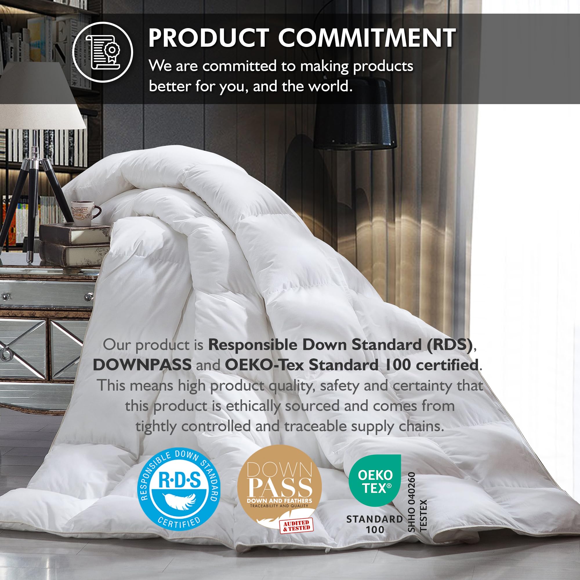Luxurious Queen Size Goose Down Fiber Waterfowl Feather Fiber Comforter Duvet, 100% Egyptian Cotton Cover, 48 oz. Fill Weight, Baffle Box Design, White Solid