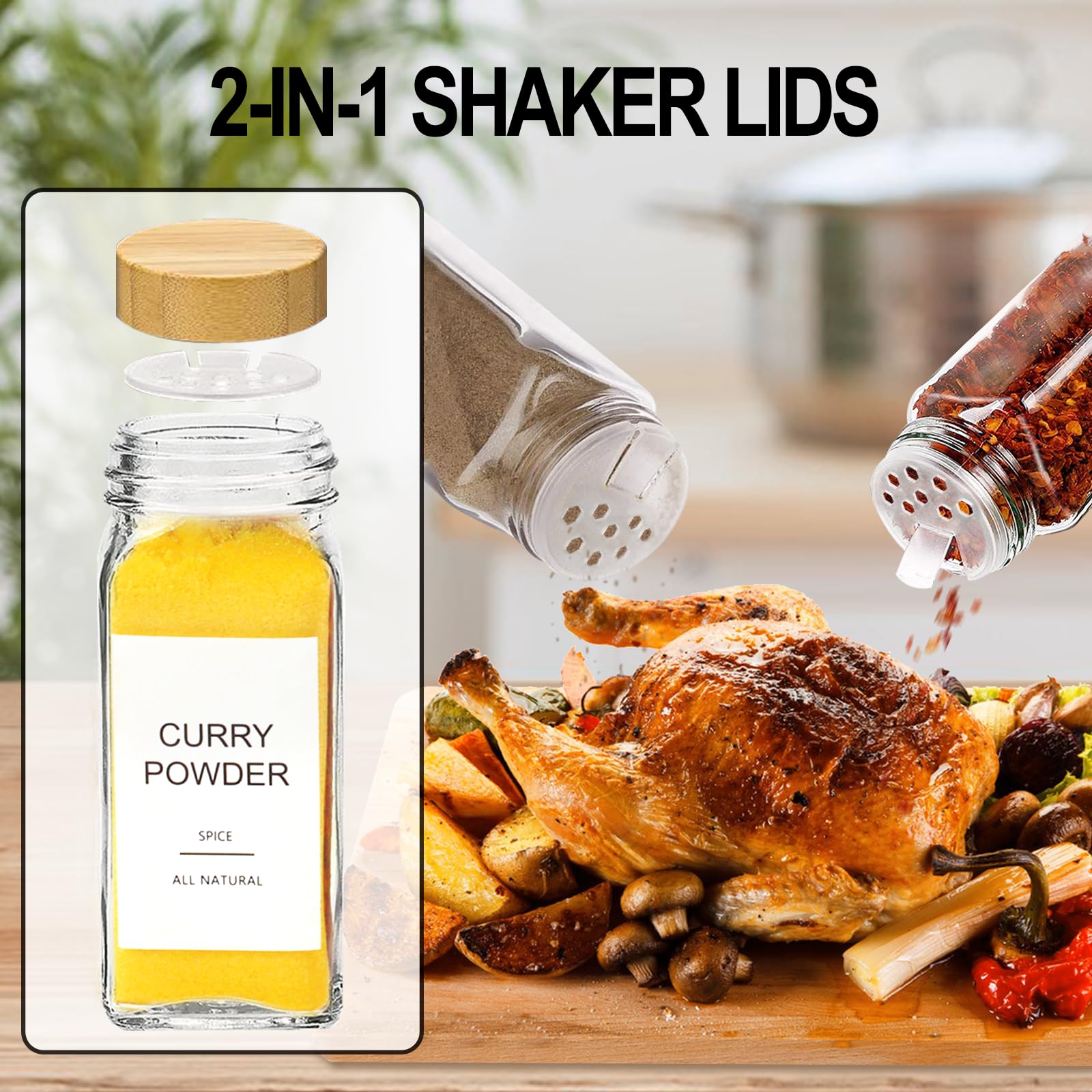 AISIPRIN 24 Pcs Glass Spice Jars with Bamboo Airtight Lids and 398 Labels, 4oz Empty Square Containers Seasoning Storage Bottles - Shaker Lids, Funnel, Brush and Marker Included