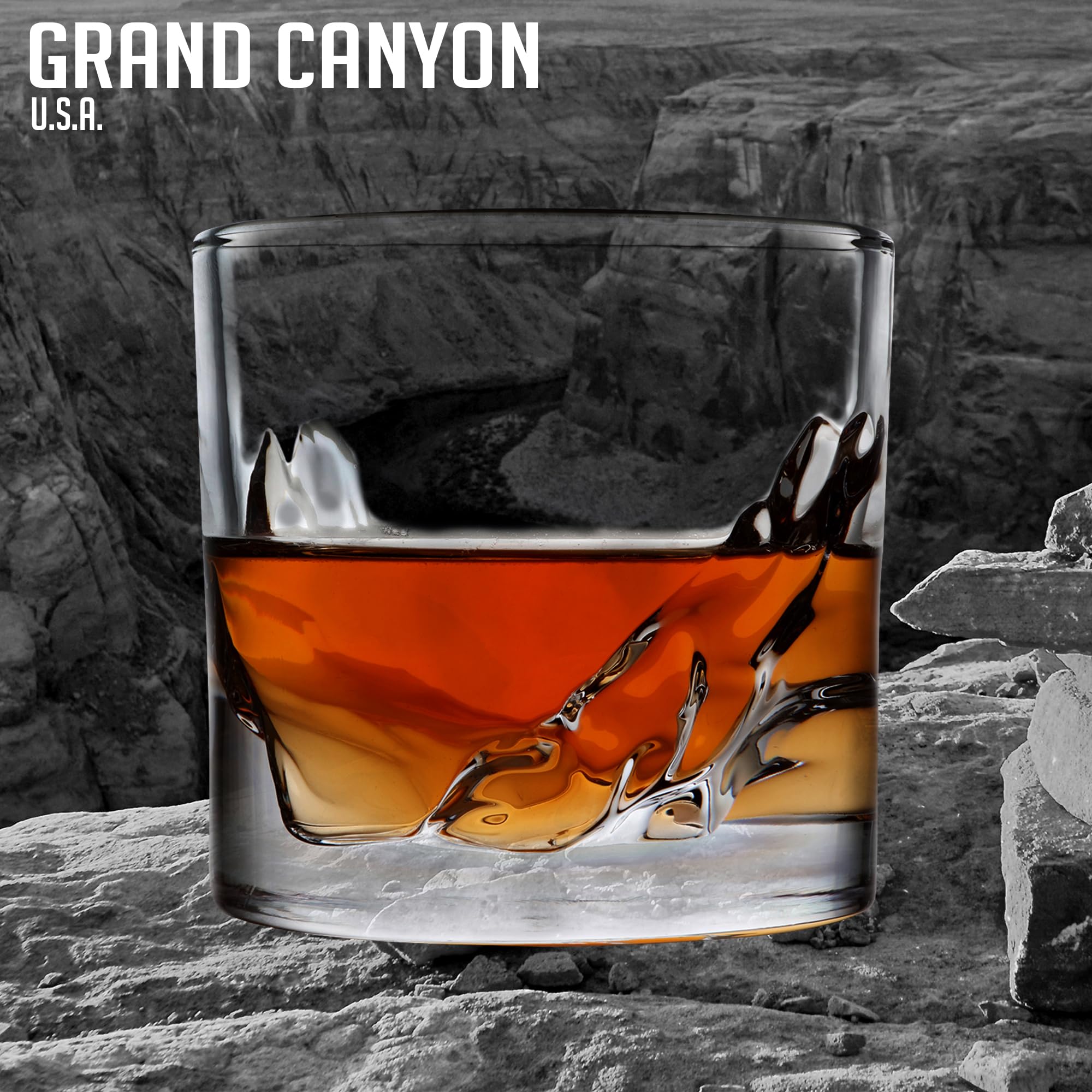 LIITON Heavy Crystal Whiskey Glasses Gift Set, Thick Freezable Bourbon Glass 1lb Each, Premium Whiskey Gifts for Men, Frozen Crystal Chills Cocktails Featuring Grand Canyon Glasses Set of 2, 10 oz