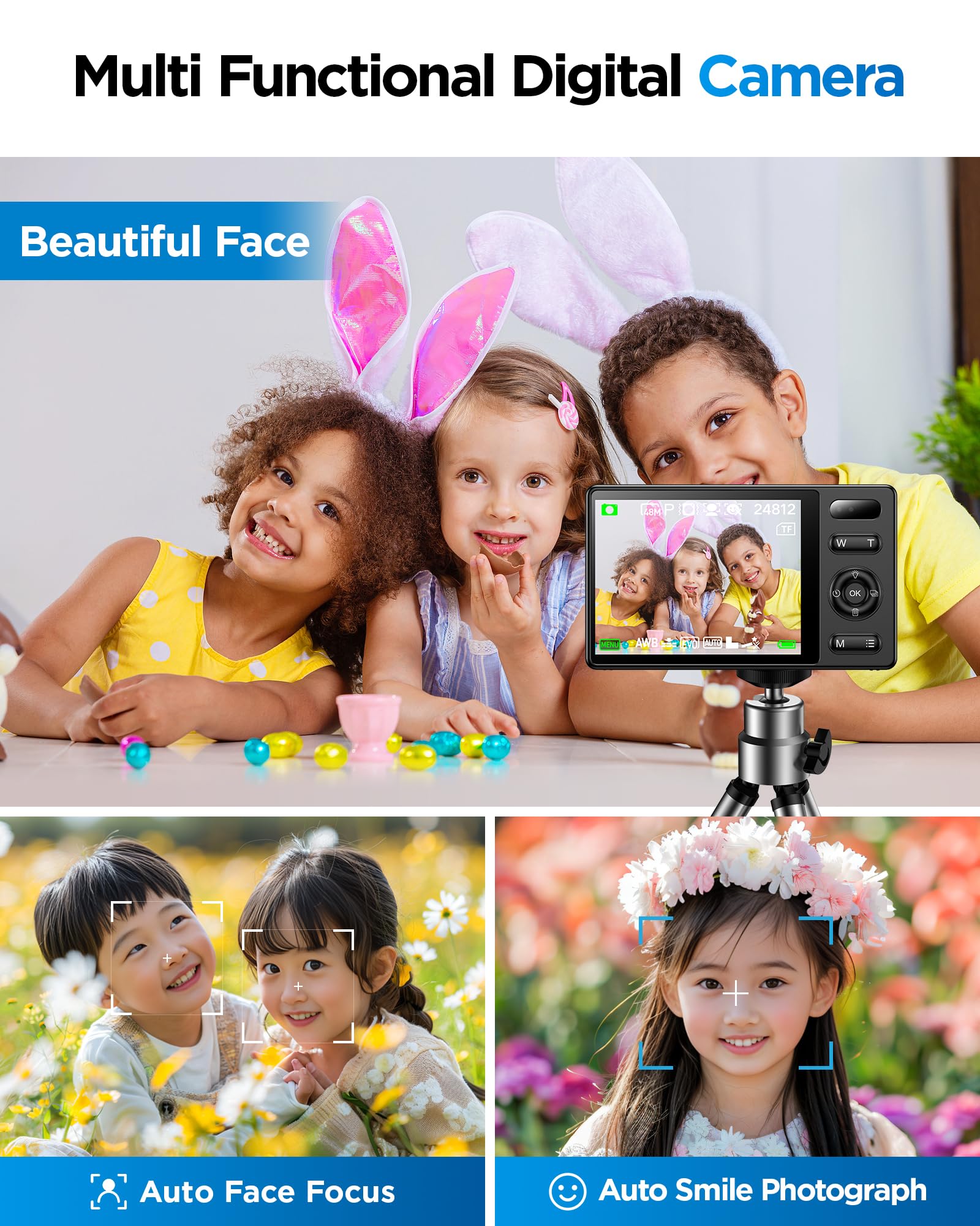 64GB Digital Camera for Kids: 48MP Anti-Shake Camera Photography Vlogging Camera for YouTube 16X Digital Zoom Photo Filtration Continuous Shooting Self-Timer Autofocus Compact Camera