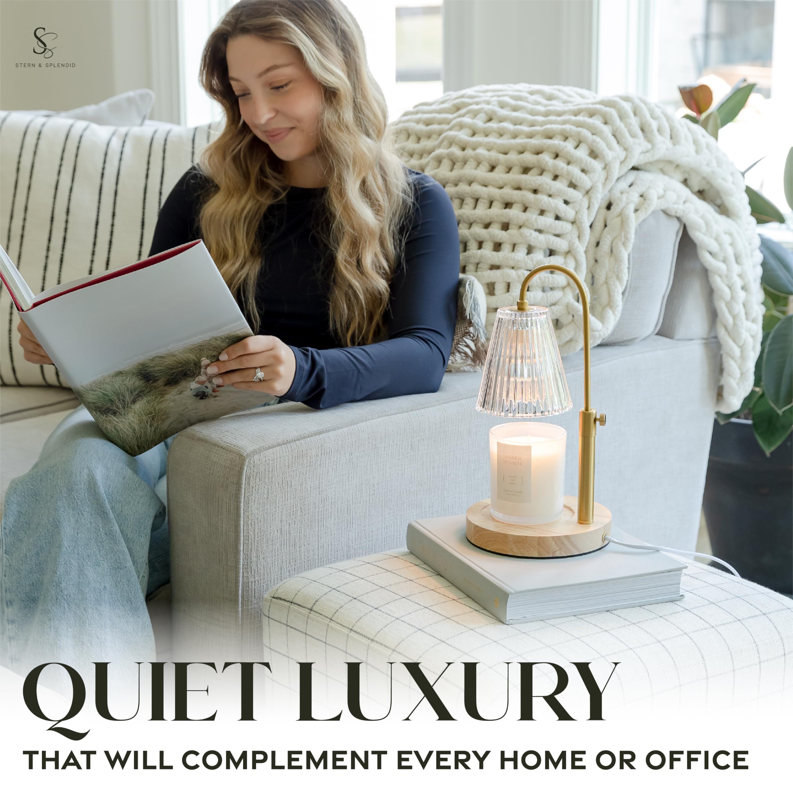 Flameless Candle Warmer Lamp for Jar Candles Large & Small – Dimmable Lamp Candle Warmer Electric with Large Marble Base & Adjustable Height – Candle Melter with Timer and 4 Halogen Light Bulbs