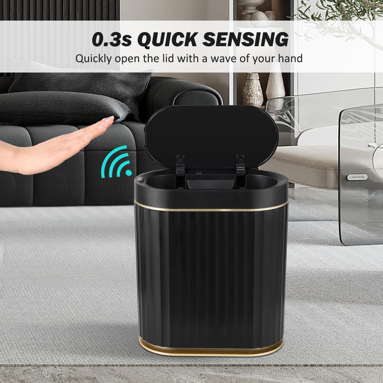 ELPHECO Mini Desktop Trash Can with Lid, Small Slim Automatic Garbage Can, 1.3 Gallon Motion Sensor Countertop Waste Basket for Bedroom, Office, Bathroom, White with Grey Trim