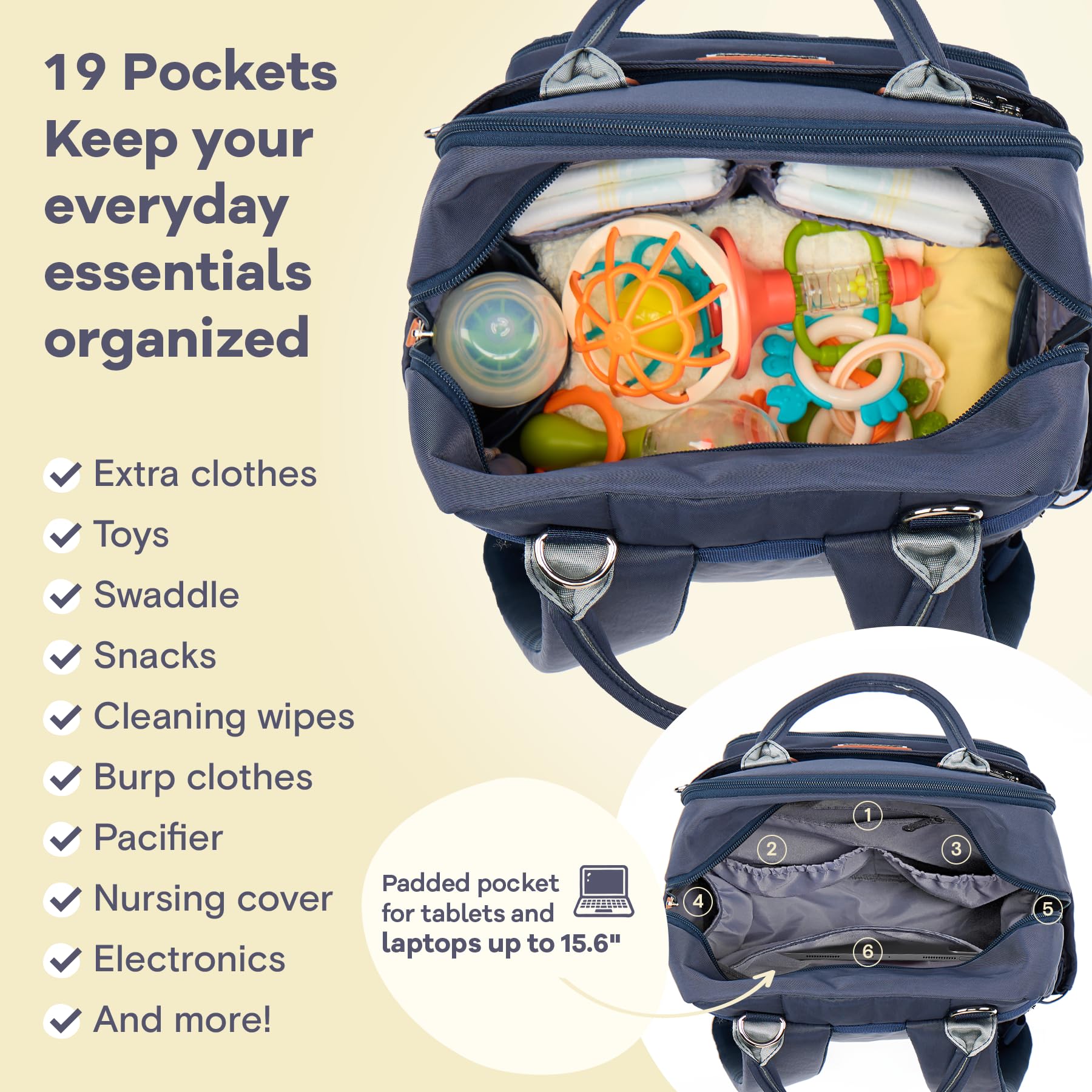 RUVALINO Diaper Bag Backpack, Multifunction Travel Pack Maternity Baby Changing Bags, Large Capacity, Waterproof, Beige