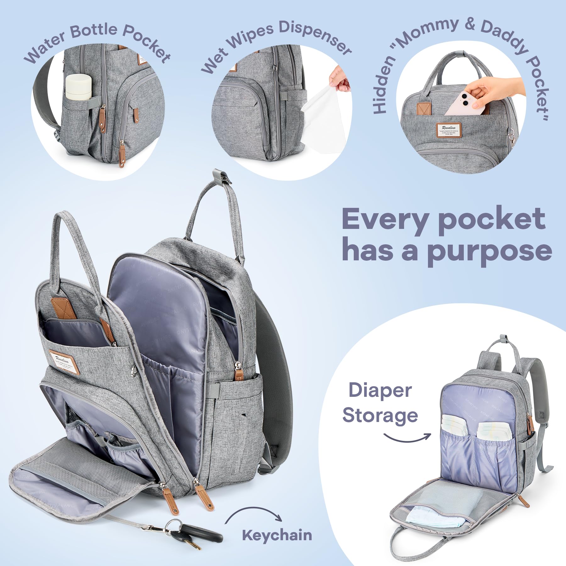 RUVALINO Diaper Bag Backpack, Multifunction Travel Pack Maternity Baby Changing Bags, Large Capacity, Waterproof, Beige