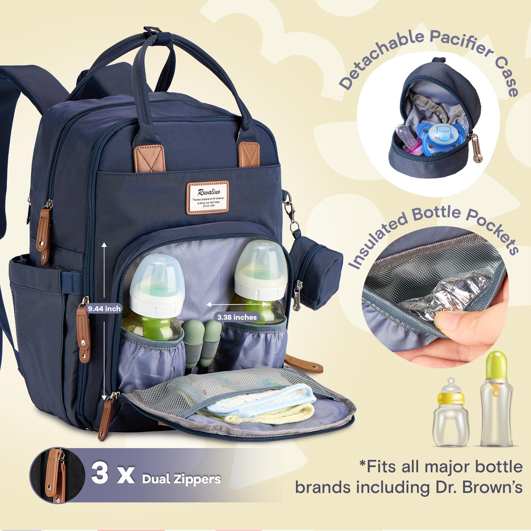 RUVALINO Diaper Bag Backpack, Multifunction Travel Pack Maternity Baby Changing Bags, Large Capacity, Waterproof, Beige
