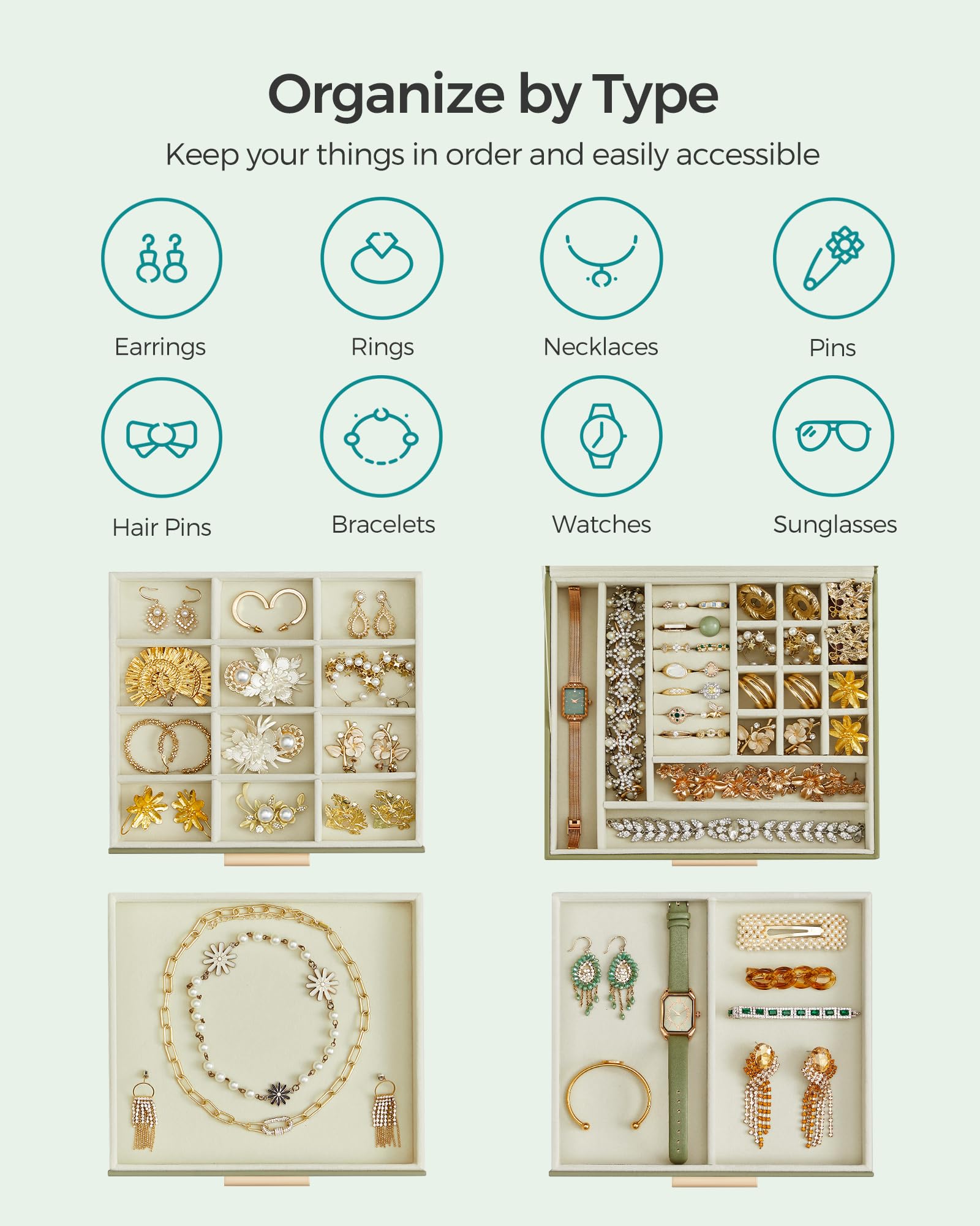 SONGMICS Jewelry Box with Glass Lid, 3-Layer Jewelry Organizer, 2 Drawers, for Big and Small Jewelry, Jewelry Storage, Modern Style, 8 x 9.1 x 5.3 Inches, Cloud White and Gold Color UJBC239WT