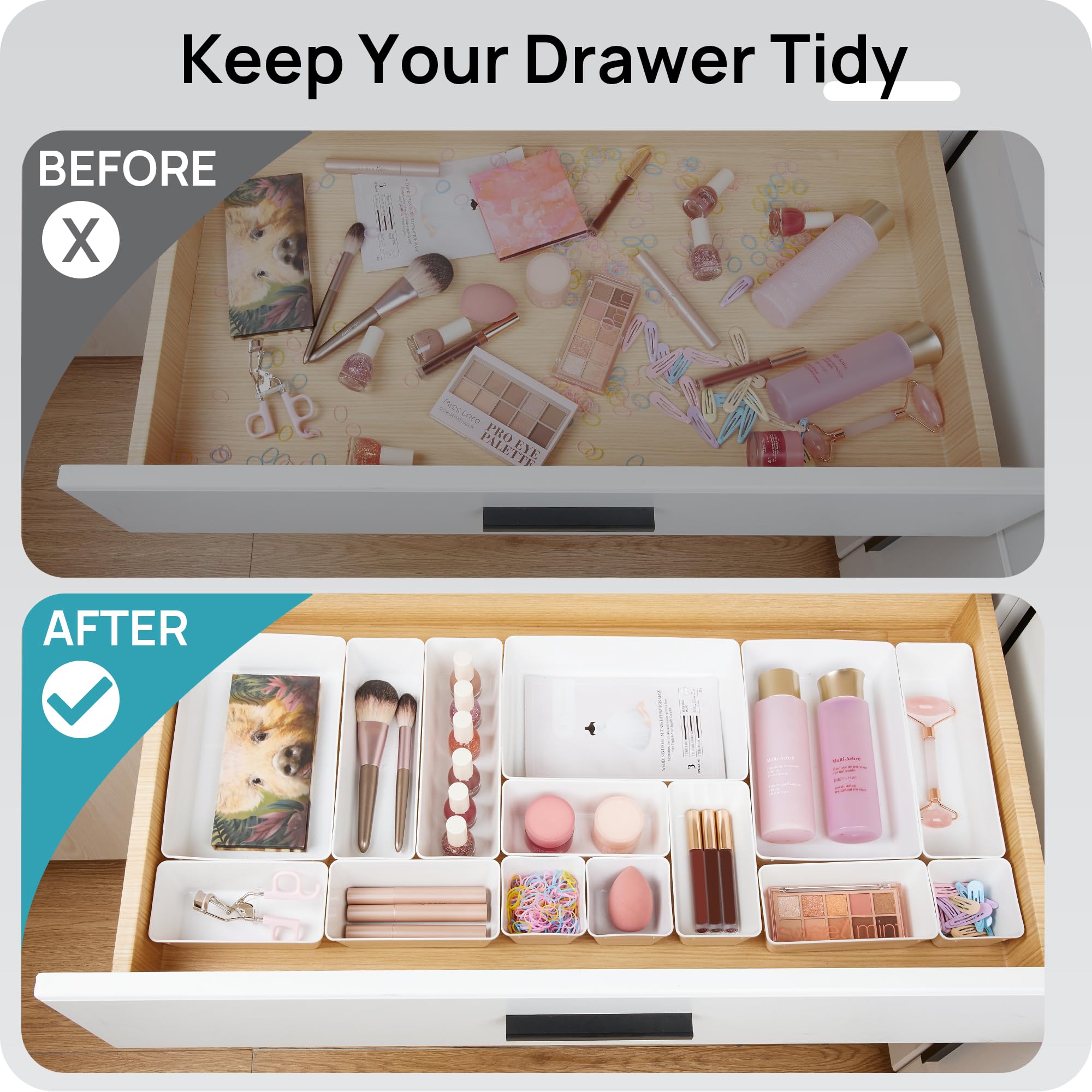 Vtopmart 25 PCS Clear Plastic Drawer Organizers Set, 4-Size Versatile Bathroom and Vanity Drawer Organizer Trays, Storage Bins for Makeup, Bedroom, Kitchen Gadgets Utensils and Office