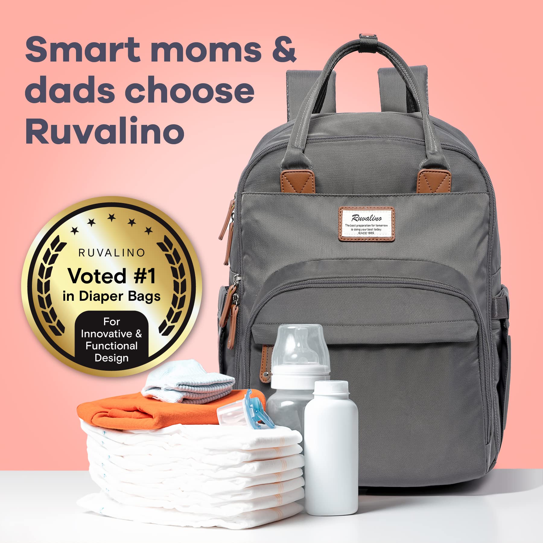 RUVALINO Diaper Bag Backpack, Multifunction Travel Pack Maternity Baby Changing Bags, Large Capacity, Waterproof, Beige