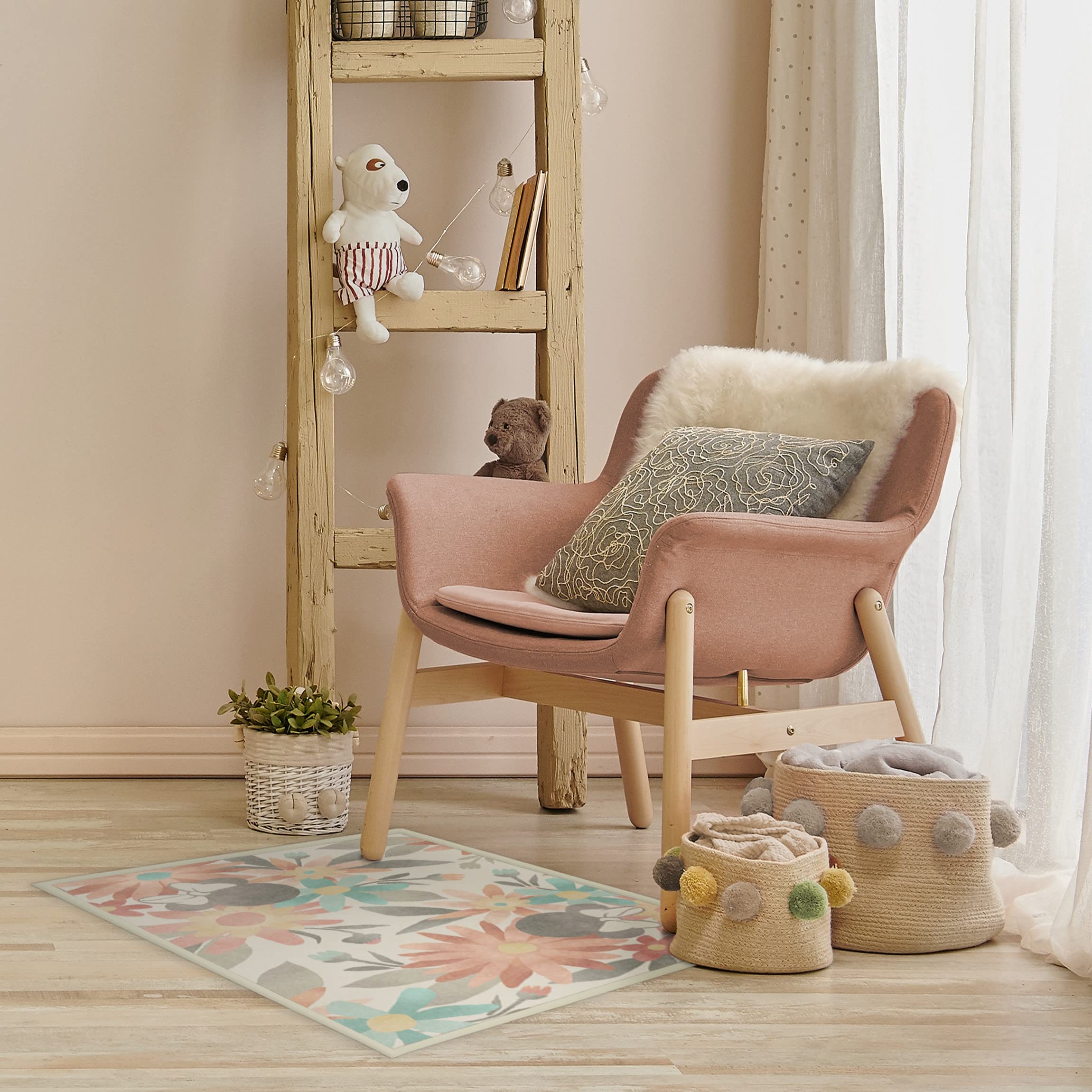 RUGGABLE Disney Classic Minnie Mouse Washable Rug - Perfect Area Rug for Nursery Playroom Kids Room - Pet & Child Friendly - Stain & Water Resistant - Trellis Pink 5&