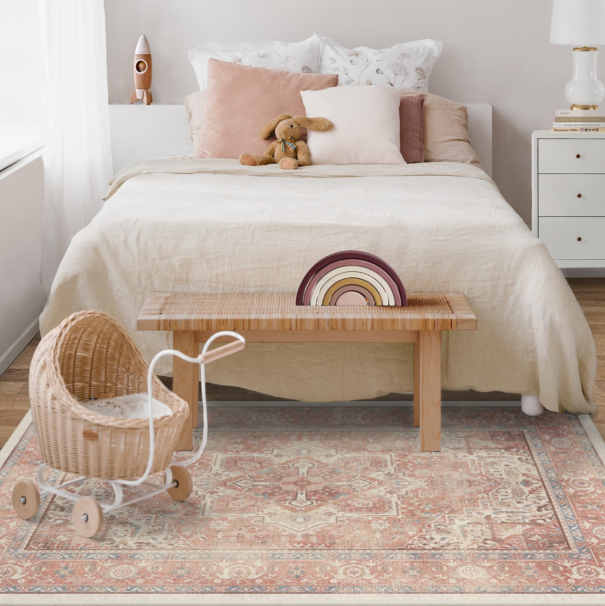 RUGGABLE Kamran Washable Rug - Perfect Vintage Area Rug for Living Room Bedroom Kitchen - Pet & Child Friendly - Stain & Water Resistant - Hazel 5&