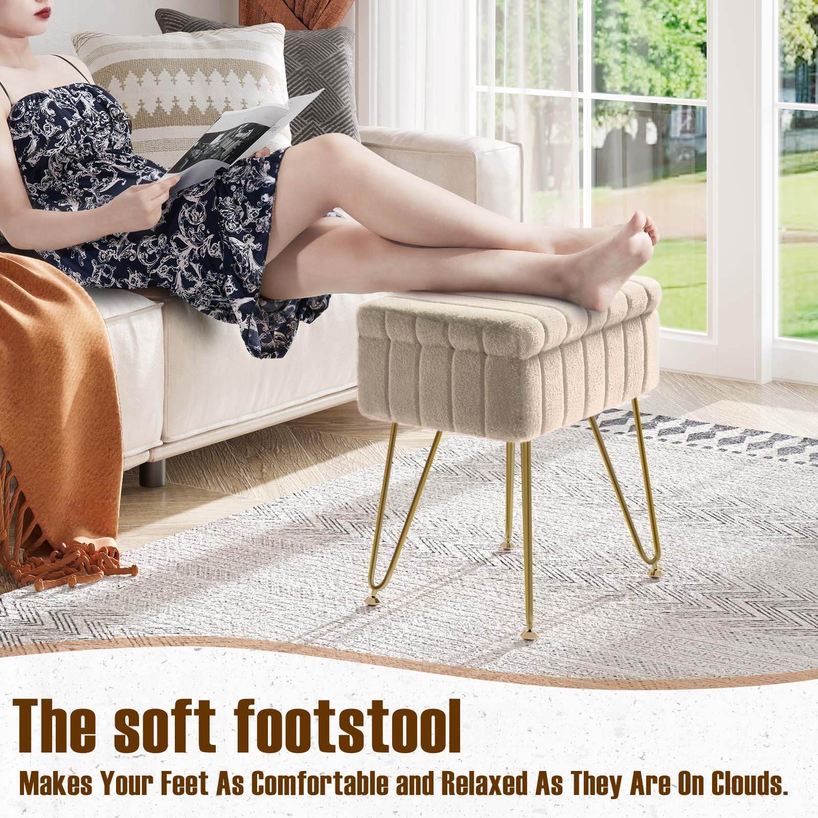 Greenstell Vanity Stool Chair Faux Fur with Storage, 19.4" H x 15.7" L x 11.8" W Soft Ottoman 4 Metal Legs with Anti-Slip Feet, Furry Padded Seat, Modern Multifunctional Chairs for Makeup, Bedroom