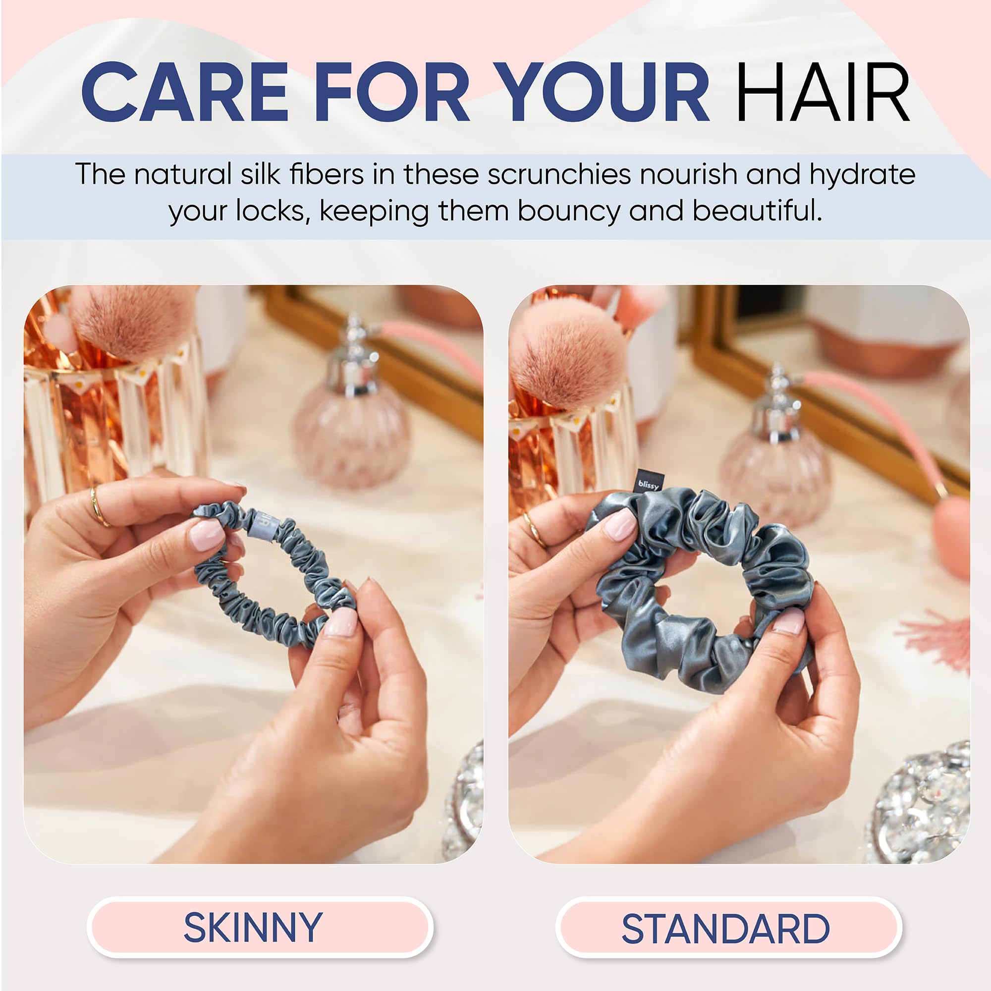 Blissy Silk Scrunchies (3 Pack) - 100% Pure Mulberry Silk - 22 Momme 6A High-Grade Fibers - Silk Scrunchie for Straight & Curly Hair - Preventing Breakage, Tangling, & Creasing (Rose Skinny)