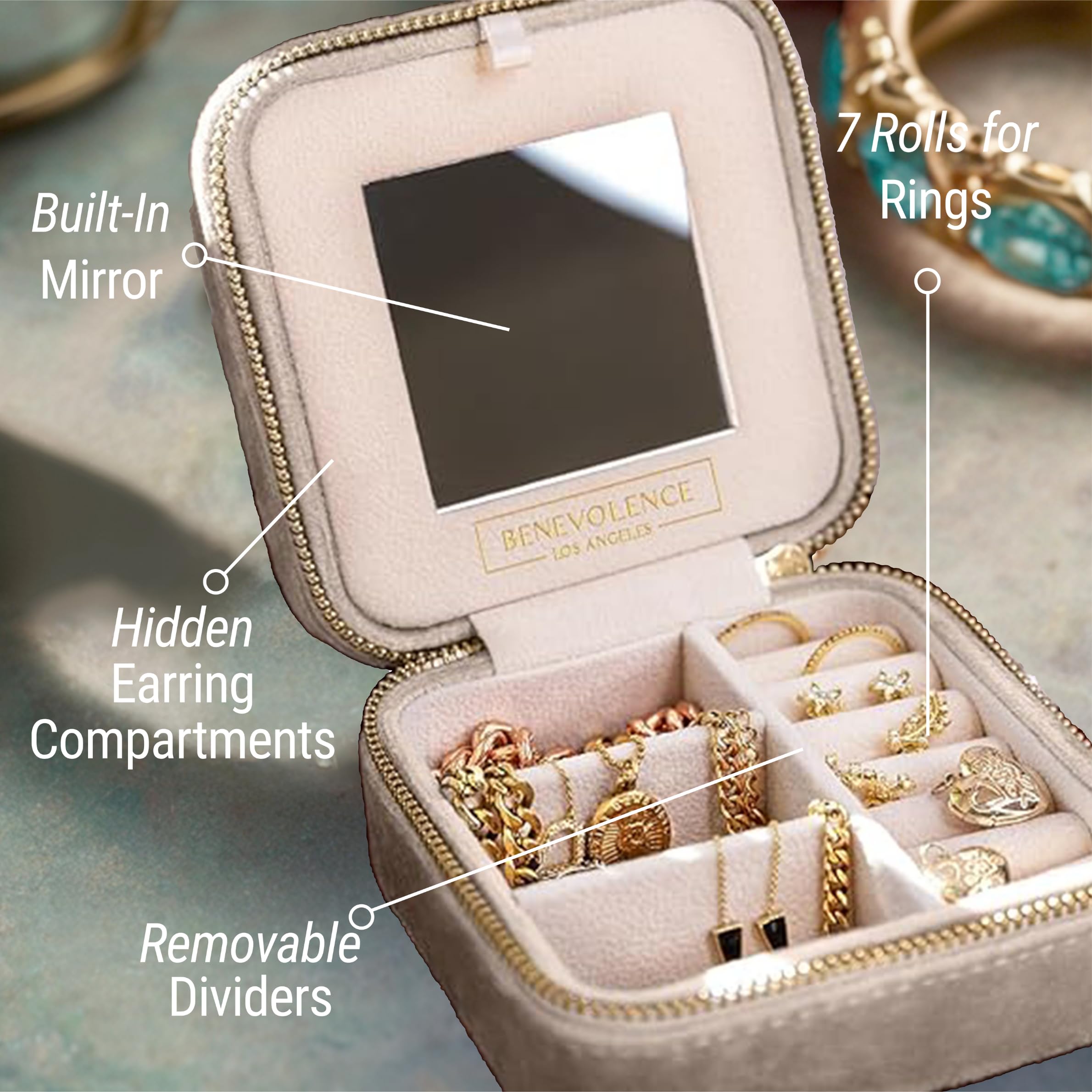 Benevolence LA Plush Velvet Travel Jewelry Storage Box | Travel Jewelry Case Small Jewelry Box for Women | Jewelry Travel Organizer | Earring Organizer with Mirror - Dusty Pink
