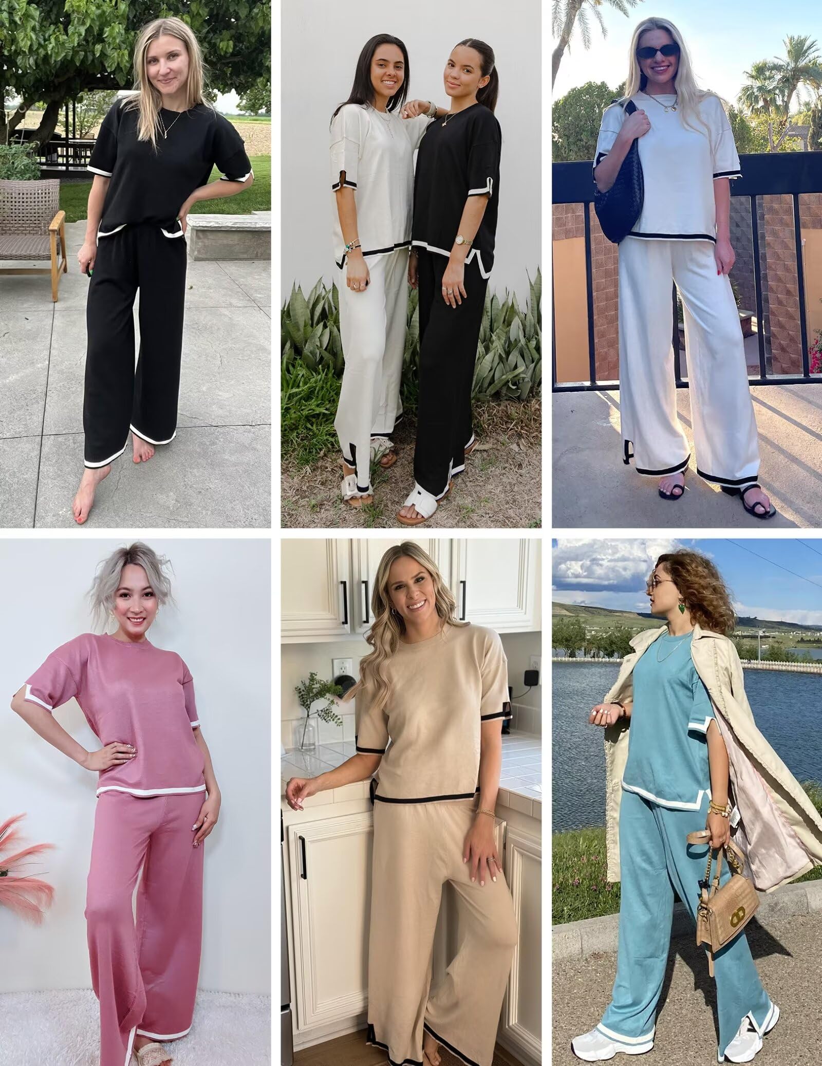 Ekouaer Lounge Set for Women 2 Piece Sets Loungewear Set Outfits Knit Sweater Sets Wide Leg Long Pants Pajama Set