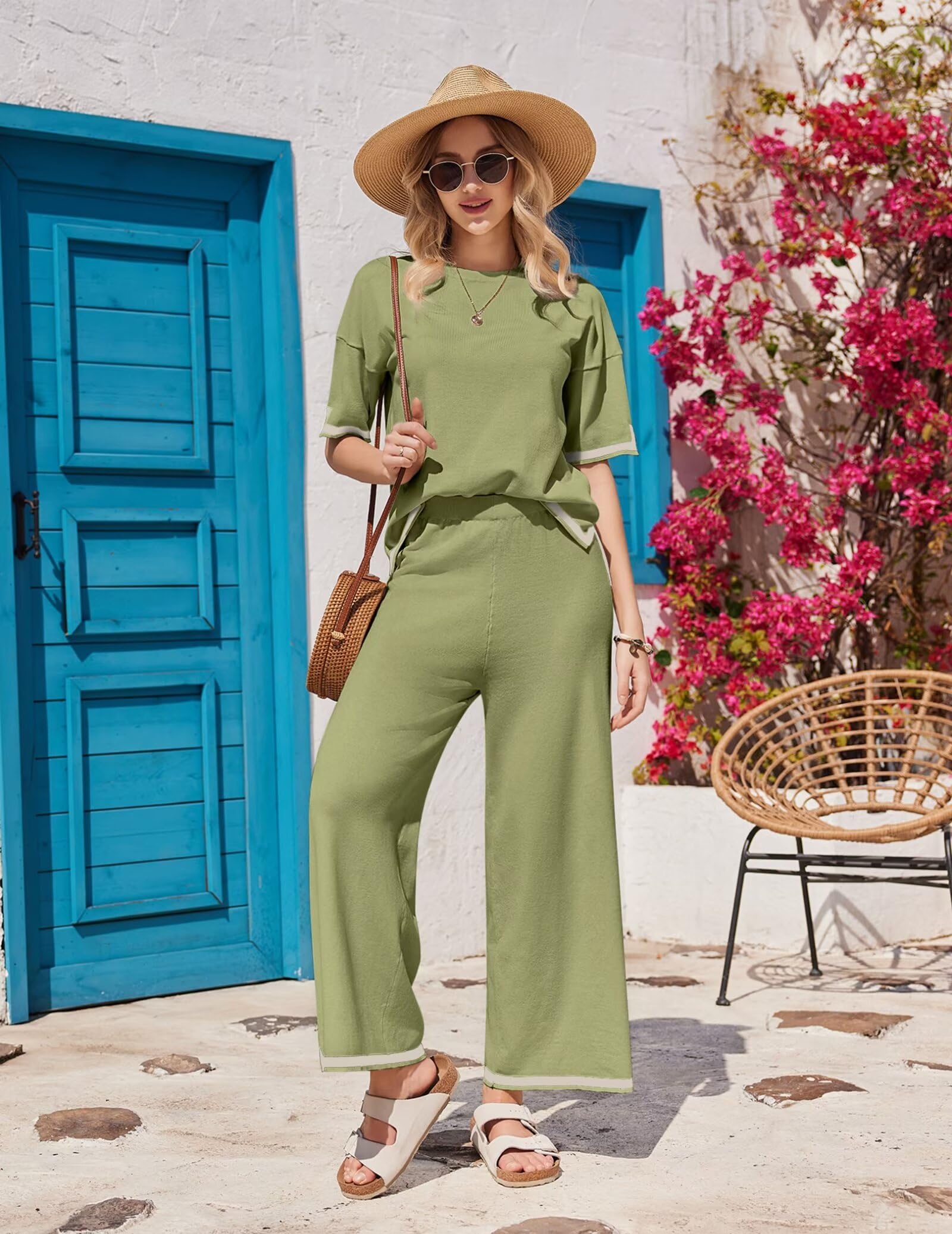 Ekouaer Lounge Set for Women 2 Piece Sets Loungewear Set Outfits Knit Sweater Sets Wide Leg Long Pants Pajama Set