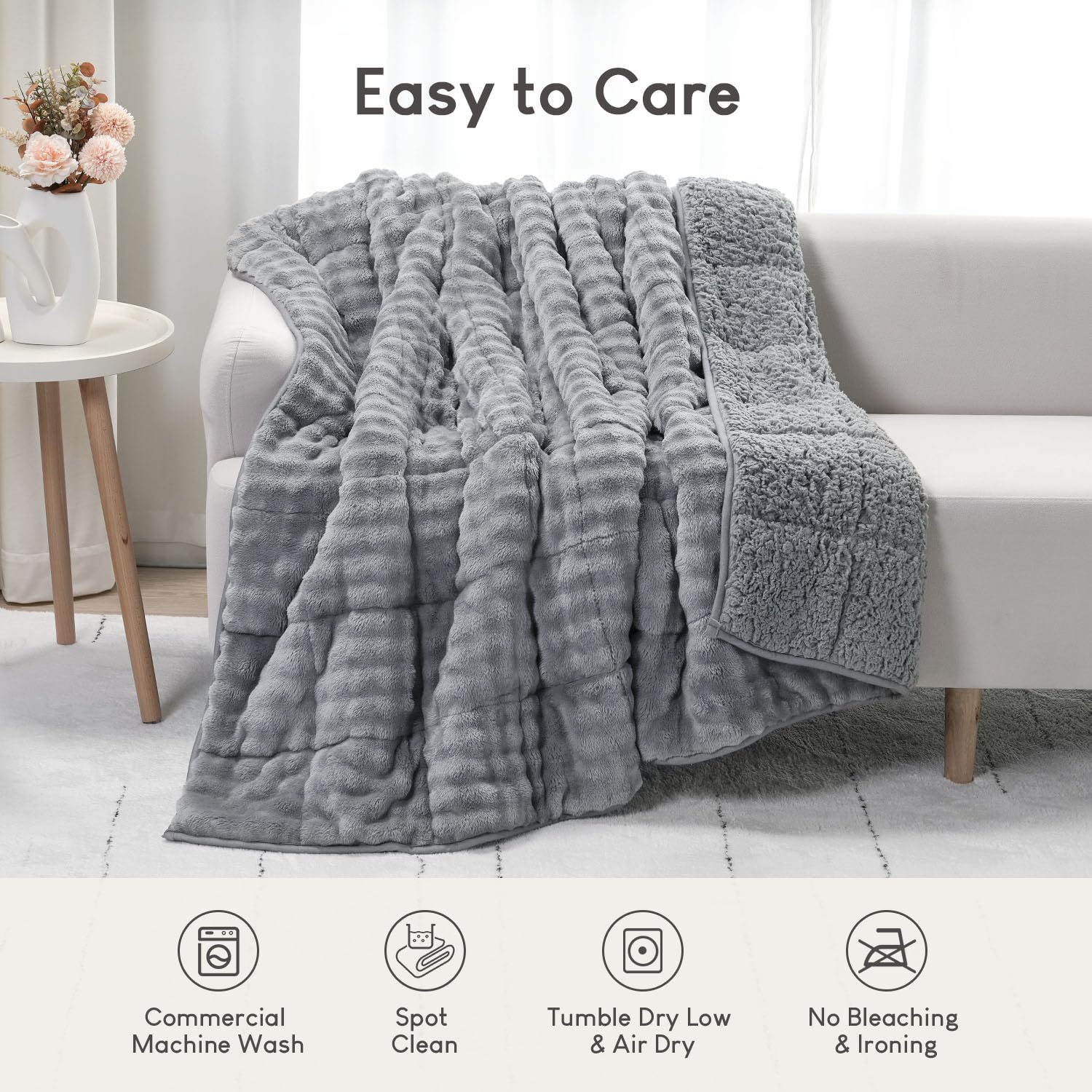 Cottonblue Weighted Blanket 15lbs Bubble Faux Fur Plush Sherpa Weighted Blankets for Adults, Fits Queen Size Bed, Cute Fuzzy Warm Heavy Blanket for Calm and Better Sleep, 60"x80", Cream White