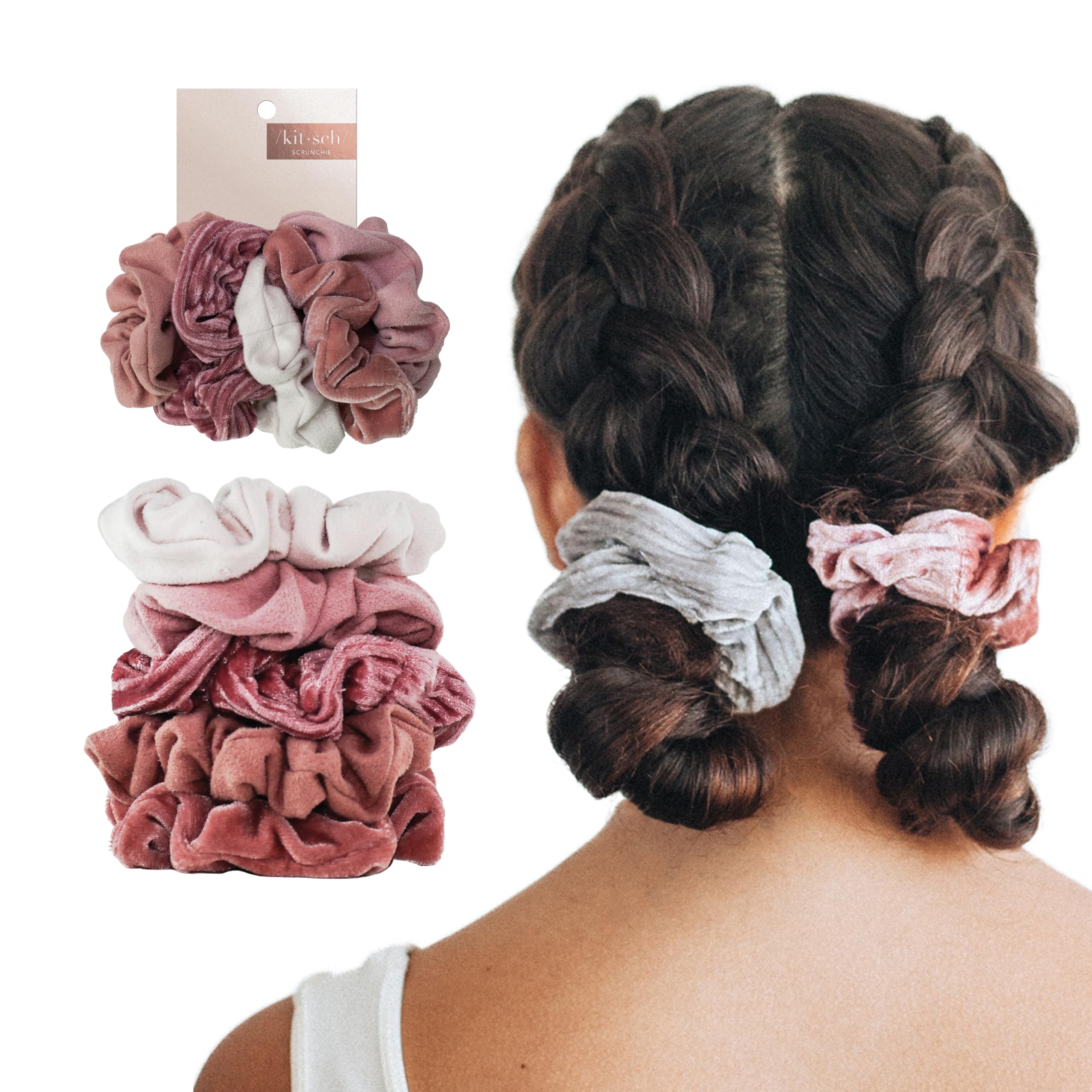 Kitsch 5 Count Velvet Hair Scrunchies for Women - Hair Ties for Thick Hair, Girls, Women, Cute Scrunchies, Soft Hair Accessories, Blush/Mauve