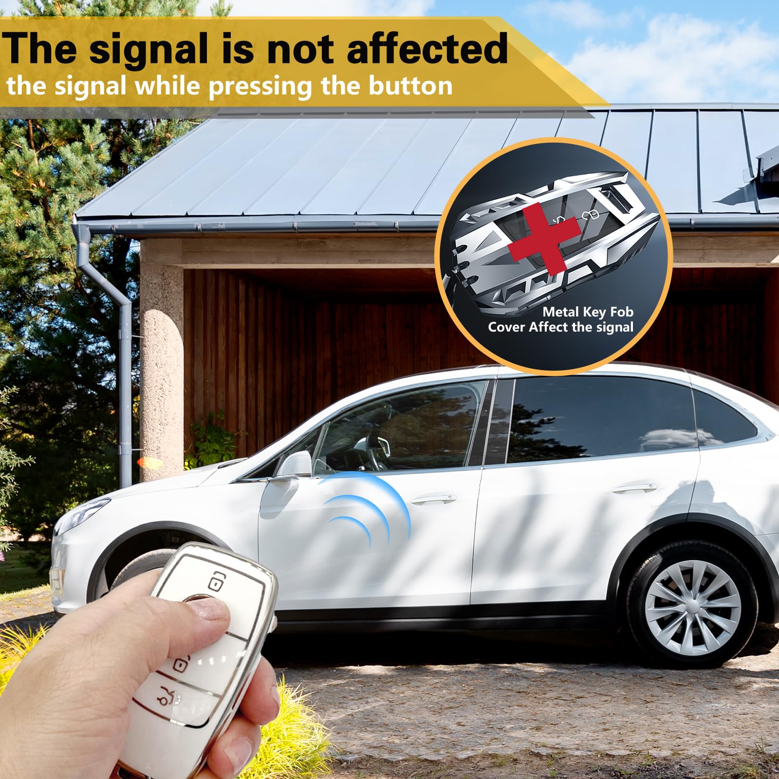 Cadillac Key Fob Cover with Metal Braided Rope Keychain, Upgraded Soft Key Case for 2015-2019 Escalade CTS SRX XT5 ATS STS CT6 (5 Button) (Gold Edge)