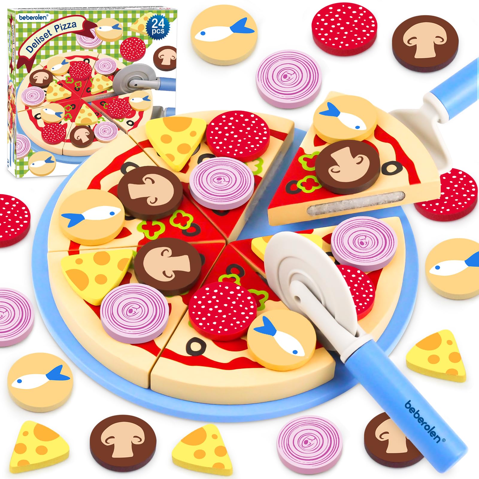 Beberolen Wooden Pizza Toy Play Food Set for Kids Pretend Play Kitchen Accessories Cutting Food Toys for 3 4 5 Years Old Toddlers Boys Girls