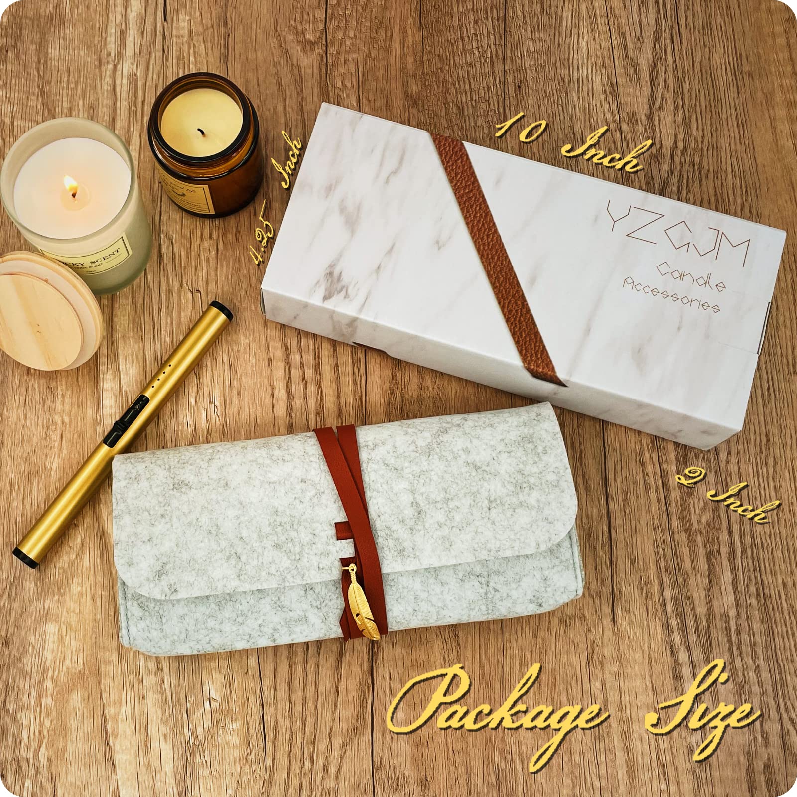 Exquisite Candle Accessories Tool Pack Bag, Rechargeable Electric Lighter, Wick Trimmer, Dipper, Snuffer and Tray Holder Elegant Kit Gift for Candle Lovers in Dating, Valentines Decor. ( Lemon Gold )