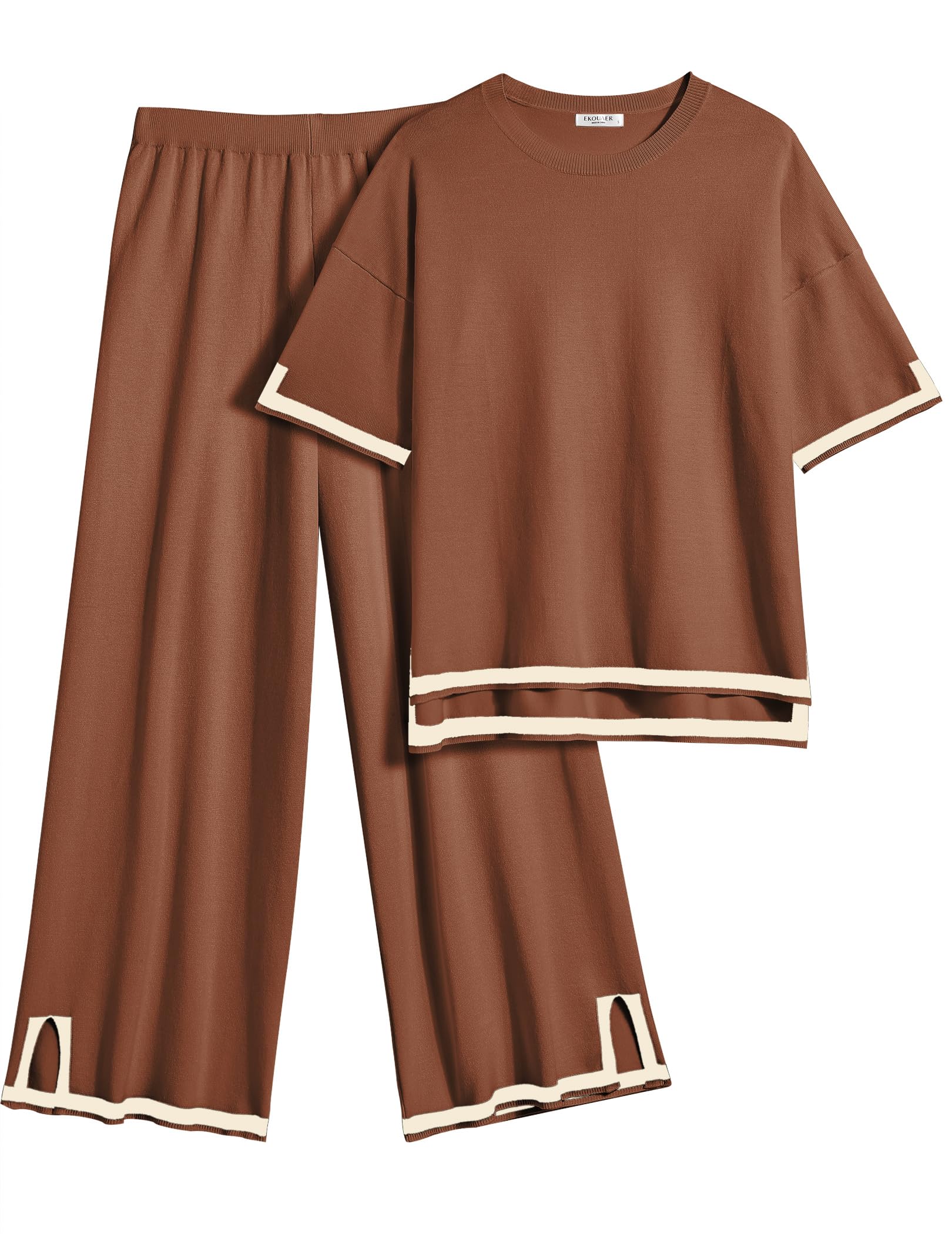 Ekouaer Lounge Set for Women 2 Piece Sets Loungewear Set Outfits Knit Sweater Sets Wide Leg Long Pants Pajama Set