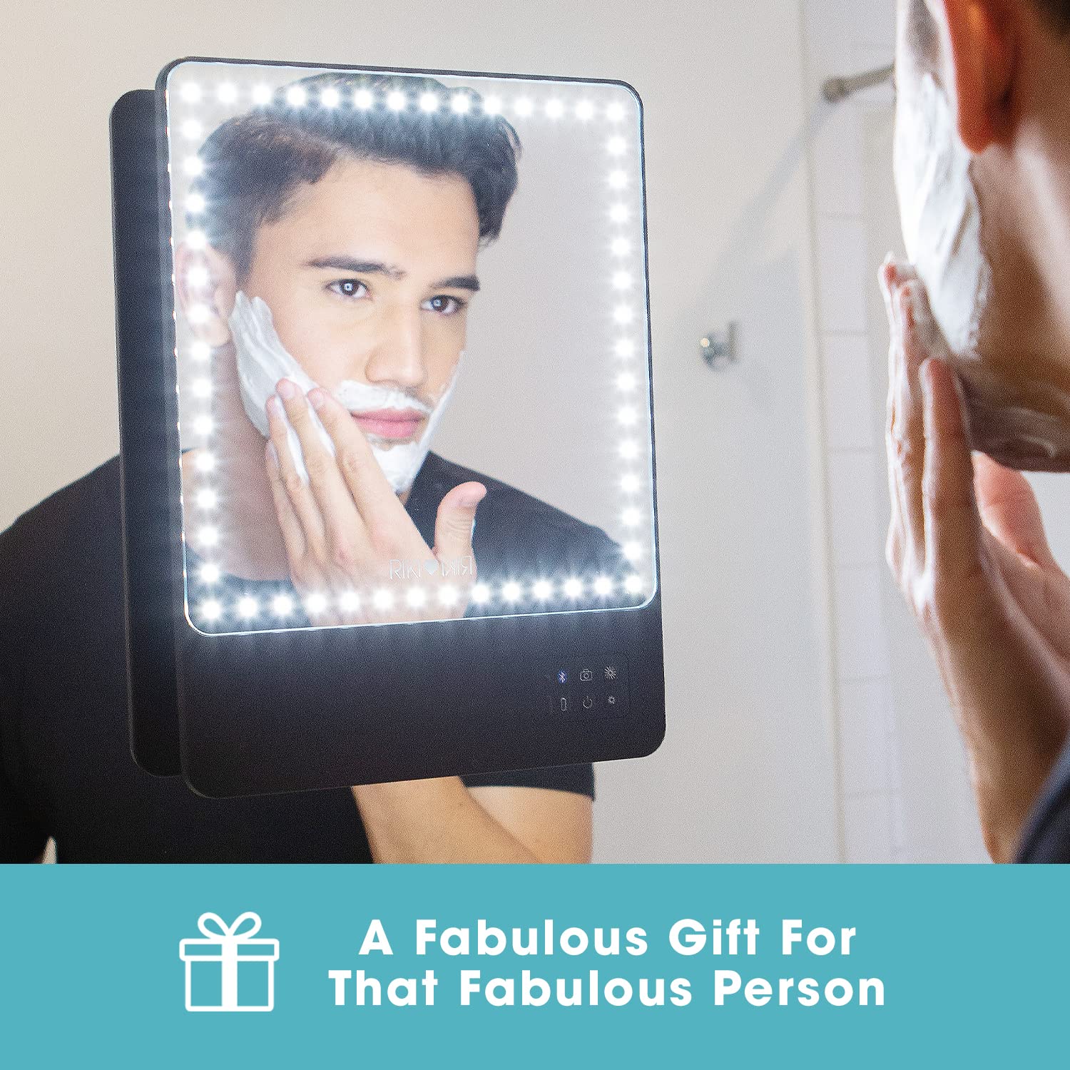 Glamcor Riki Skinny Smart Vanity Mirror with HD LEDs, Magnifying Mirror Attachment, Phone Holder and Bluetooth Control (Champagne Gold, 5X Magnification)