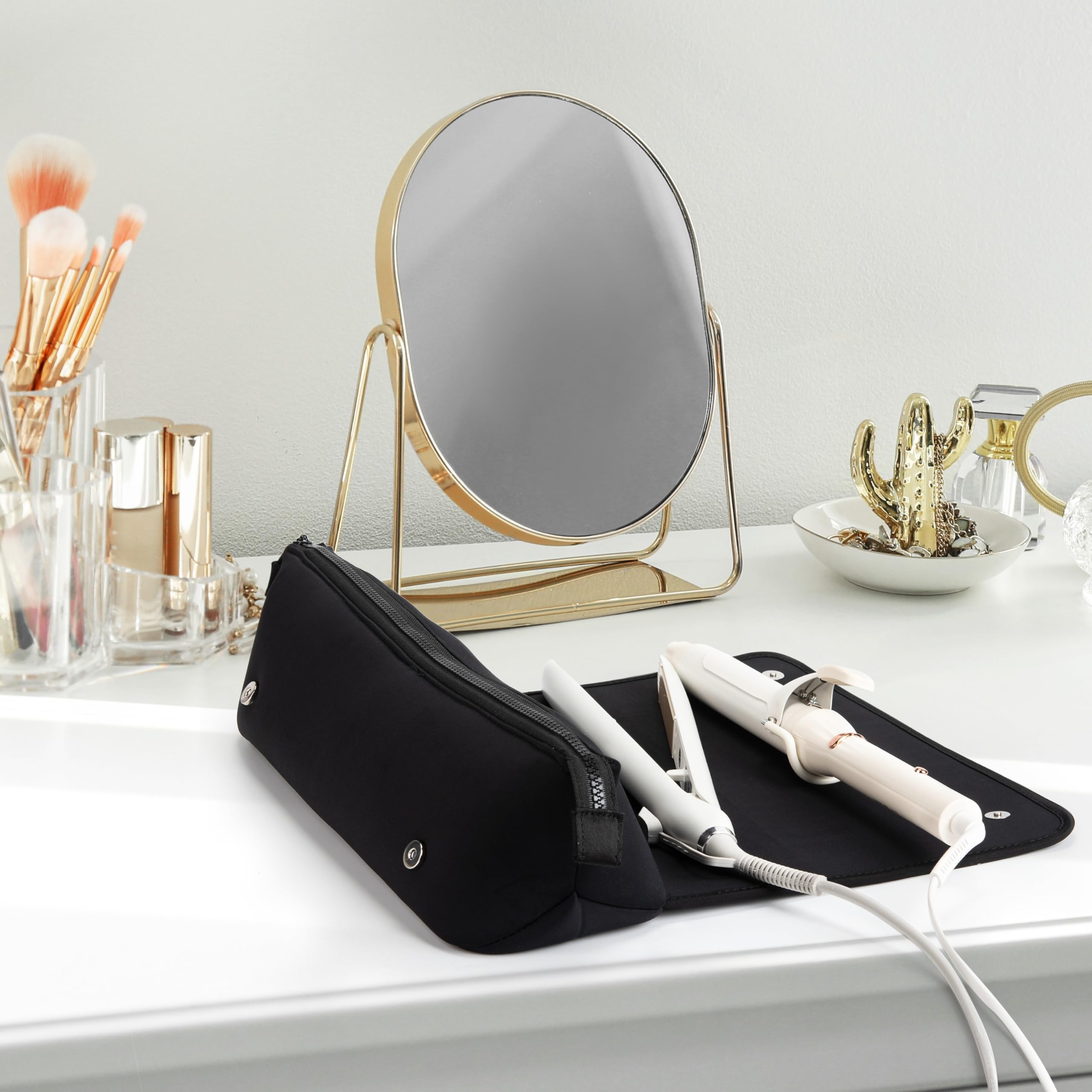BAREFOOT CARIBOU Hair Tools Travel Bag and Heat Resistant Mat for Flat Irons, Straighteners, Curling Iron, and Haircare Accessories, 2-in-1 Design, with Interior Pockets, Portable Organizer (Ivory)