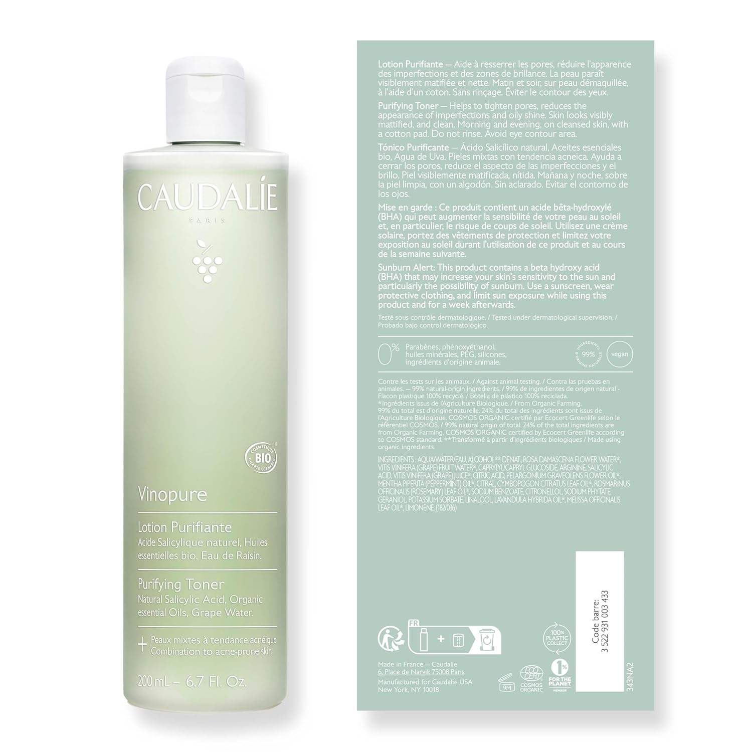 Caudalie Vinopure Purifying Toner - 200 mL