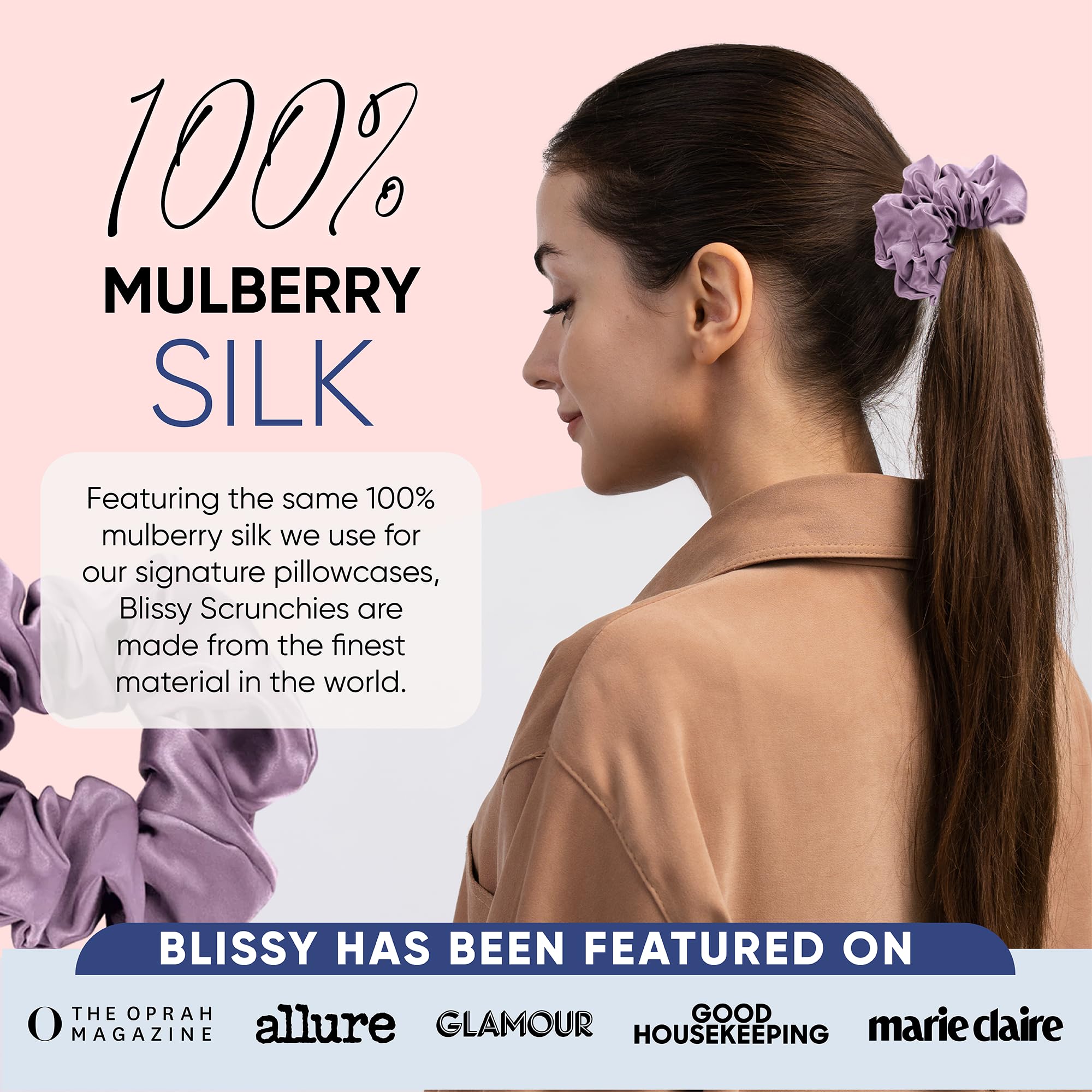 Blissy Silk Scrunchies (3 Pack) - 100% Pure Mulberry Silk - 22 Momme 6A High-Grade Fibers - Silk Scrunchie for Straight & Curly Hair - Preventing Breakage, Tangling, & Creasing (Rose Skinny)