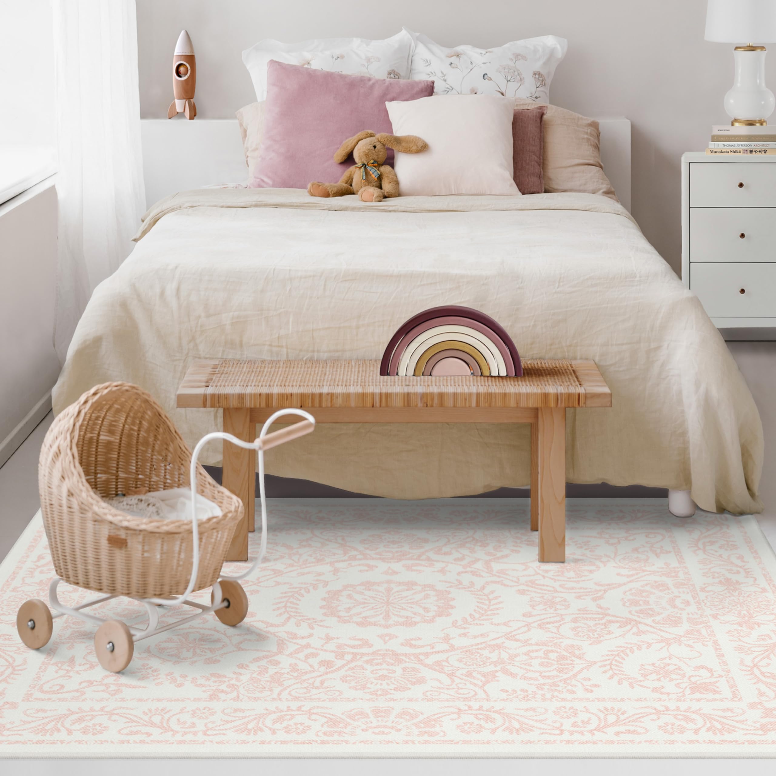 RUGGABLE Washable 2x3 Area Rug, Delphina Delft Blue, Premium Vintage Rugs for Living Room, Bedroom, Kitchen, Office, Classroom with Gripper Non Slip Pad