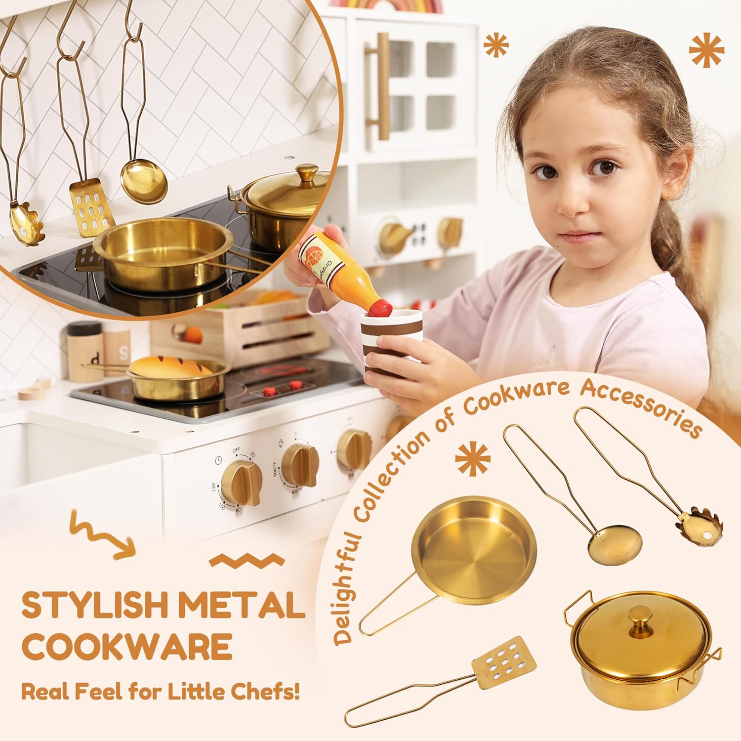 Interactive Wooden Play Kitchen Set for Kids: Realistic Features with Extended Storage and 15 pcs Kitchen Accessories, Ideal Pretend Playset Gift for Toddlers and Children Ages 3+