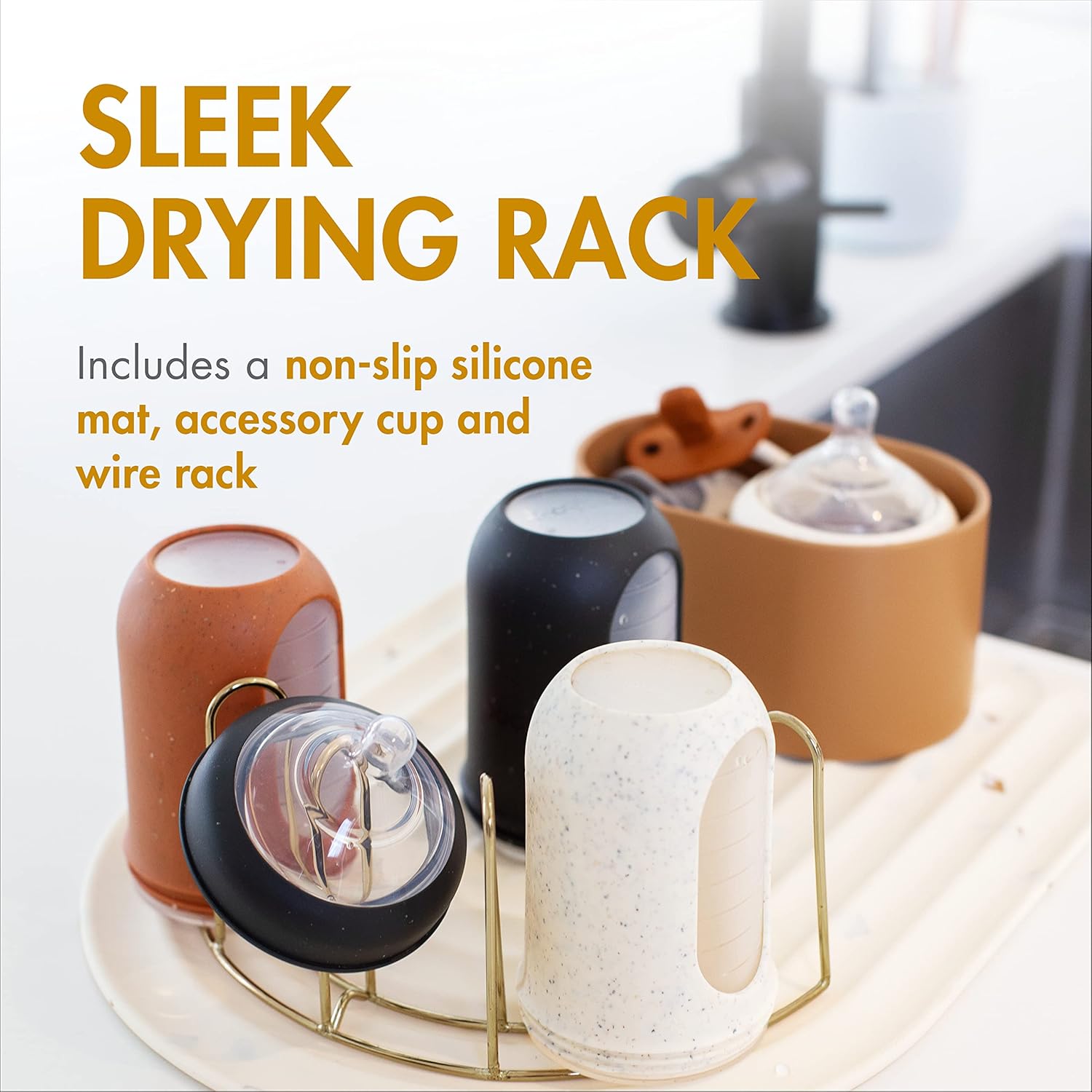 Boon ARC Modular Drying Rack — Includes Silicone Drying Mat, Accessory Cup, and 7-Prong Wire Bottle Rack — Baby Essentials