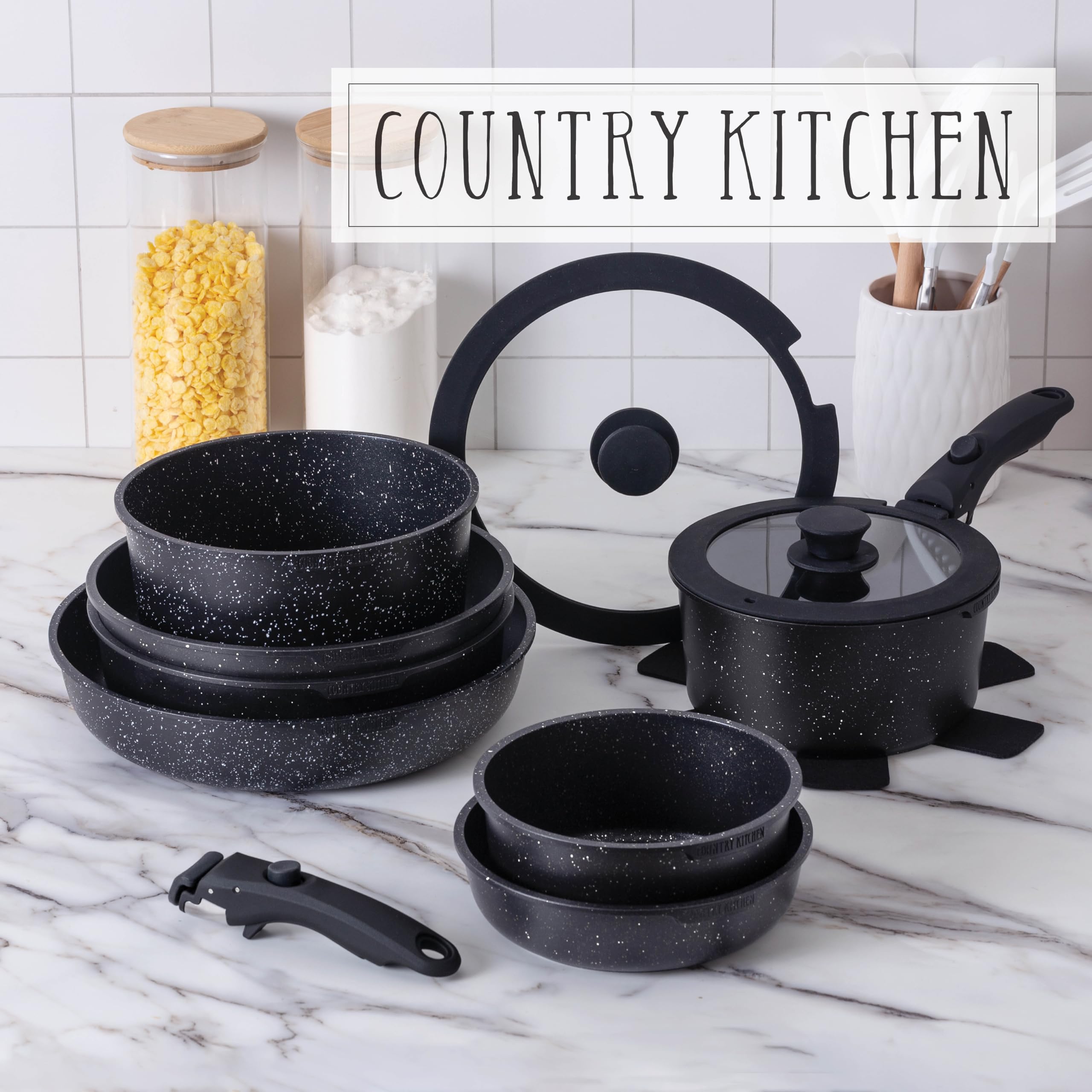 Country Kitchen Cookware Set with Removable Handle, Oven & RV Safe Pots and Pans Set, Cream, Deluxe Larger Set