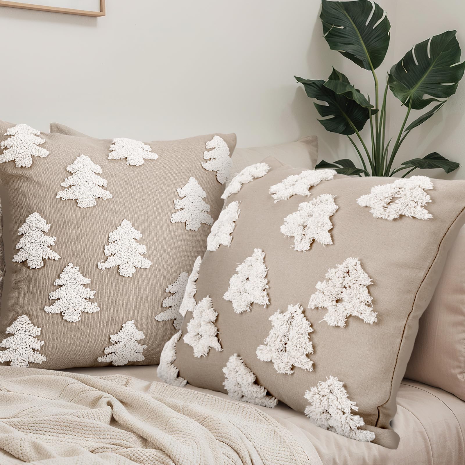 Mixweer 2 Pcs Christmas Pillow Covers 18x18 Inch Christmas Tree Pillow Covers Neutral Christmas Decor Neutral Tufted Xmas Tree Embroidery Decorative Pillow Covers for Home Living Room Bed Decor