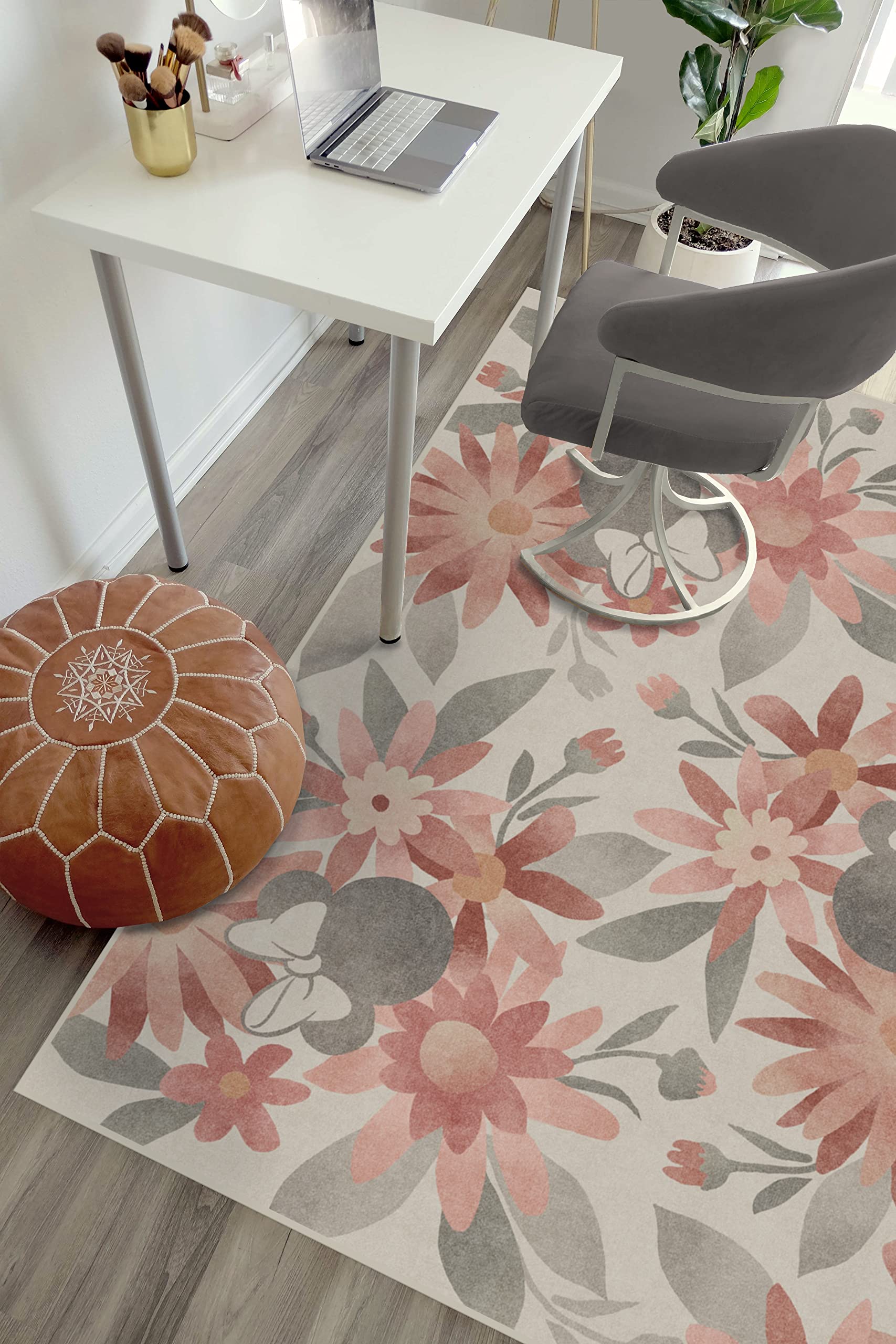 RUGGABLE Disney Classic Minnie Mouse Washable Rug - Perfect Area Rug for Nursery Playroom Kids Room - Pet & Child Friendly - Stain & Water Resistant - Trellis Pink 5&